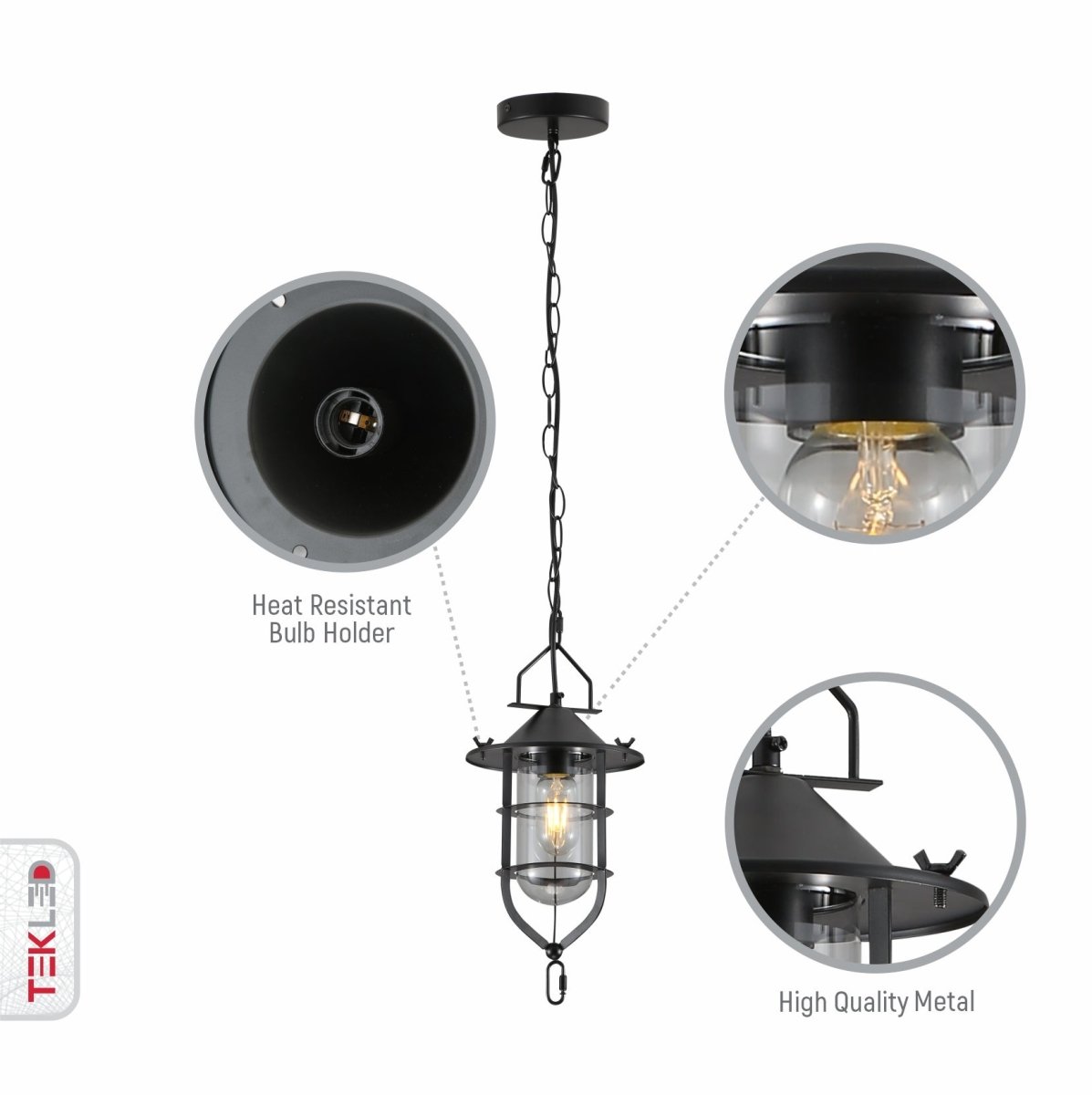 Close up shots of Black Nautical Industrial Caged Flat Shade Small Glass Metal Ceiling Pendant Light with E27 Fitting | TEKLED 150-18370