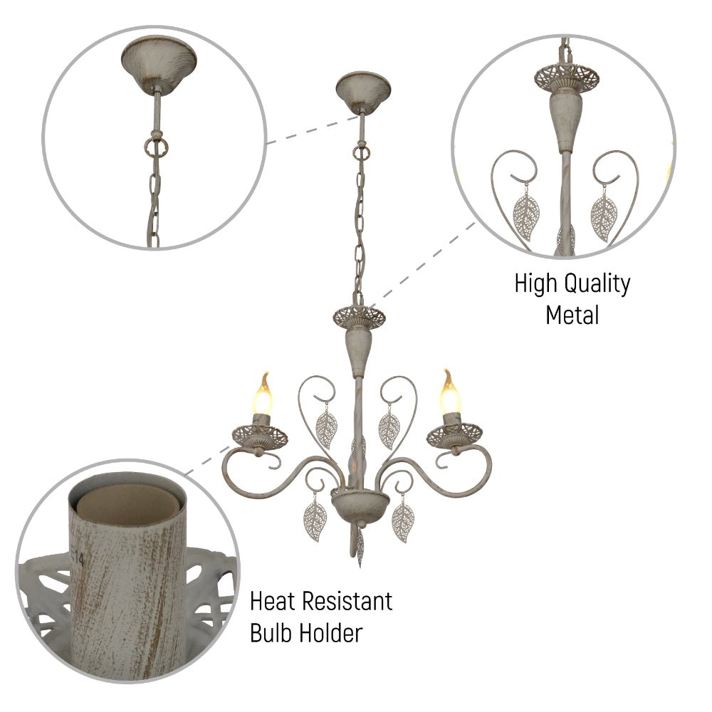 Close up shots of Candle French Mediterian Leaf Traditional Vintage Gold Patinated White Ceiling Light with 3xE14 Fittings | TEKLED 158-19094