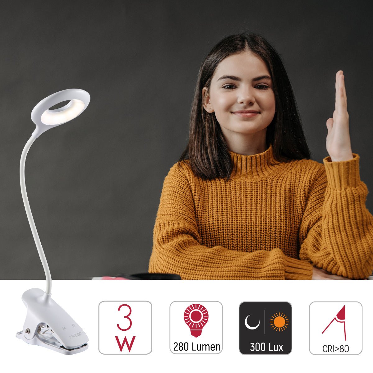Close up shots of Ringo White Rechargable Clip on Reading Desk Light Dimmable and Colour Modes | TEKLED 130-03620