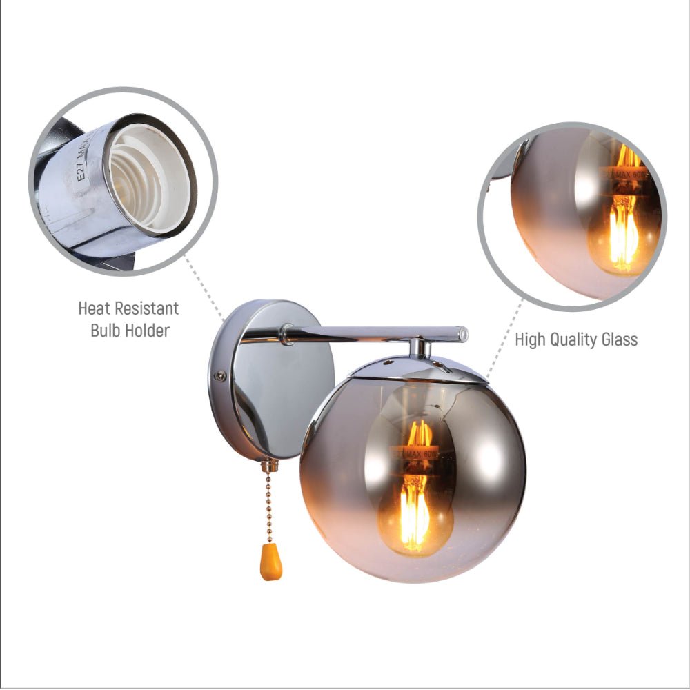 Close up shots of Smoky Globe Glass Chrome Metal Body Sputnik Molecule Modern Wall Light with Pull Down Switch E27 Fitting | TEKLED 151-19792