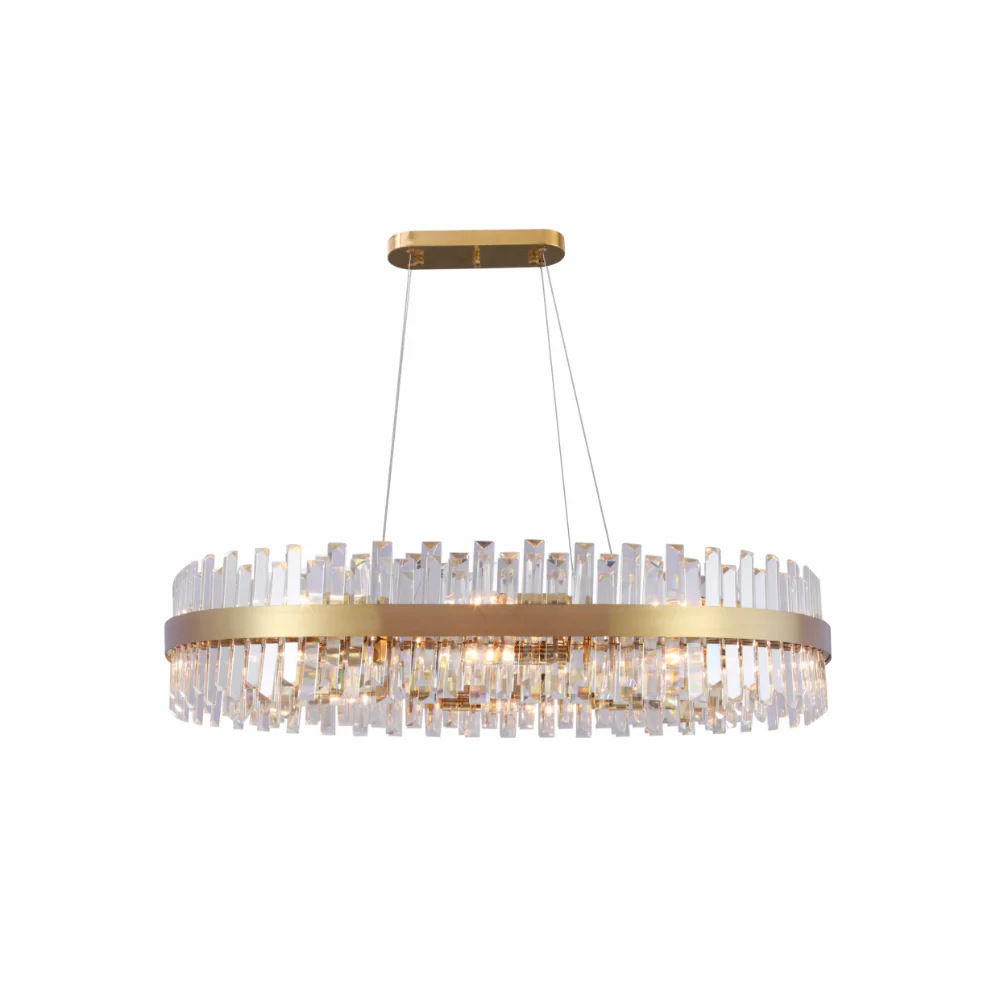 A glamorous, gold and crystal chandelier with a modern circular design. A statement piece for any room.