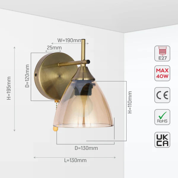 Modern Cone Glass Wall Light E27 with Pull Down Switch