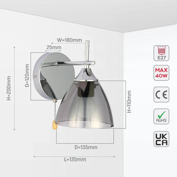 Modern Cone Glass Wall Light E27 with Pull Down Switch