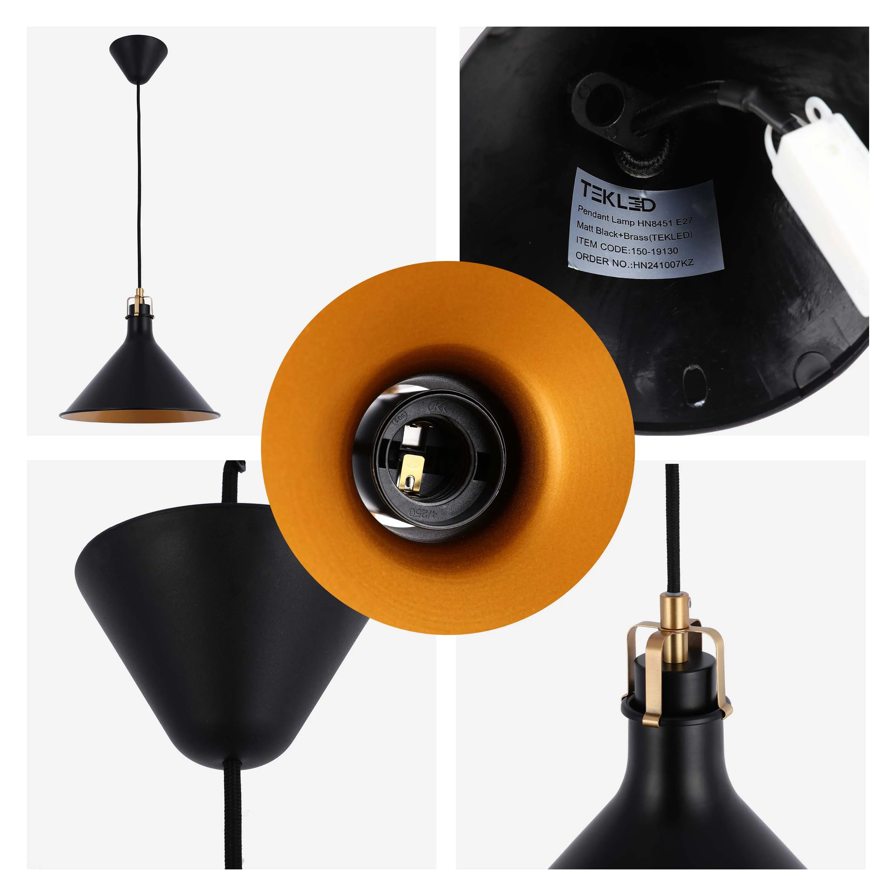 Black pendant light with brass details. The ceiling rose is black. The inside of the lampshade is brass.