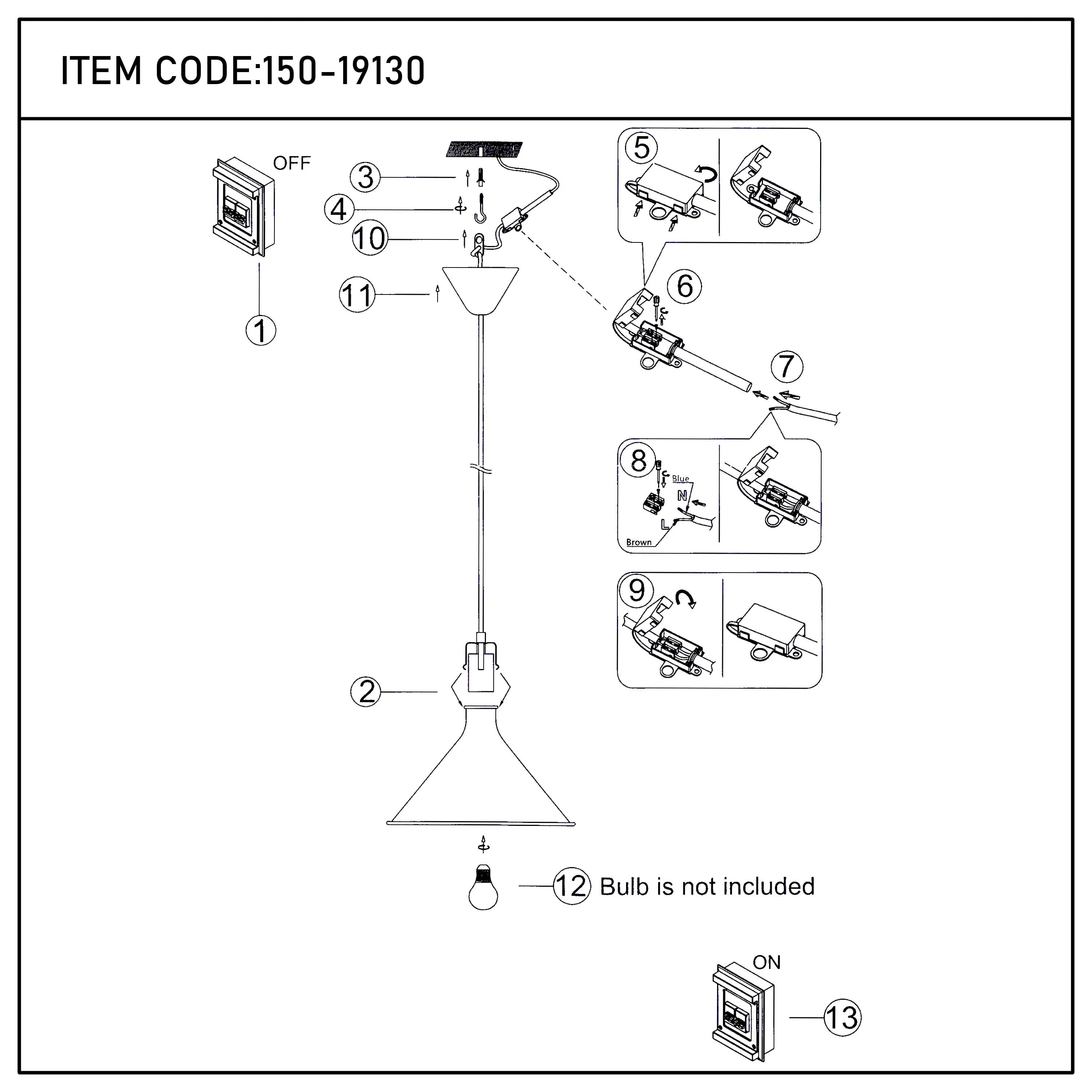 A pendant light fixture is displayed in this technical diagram, including the individual parts needed for installation.