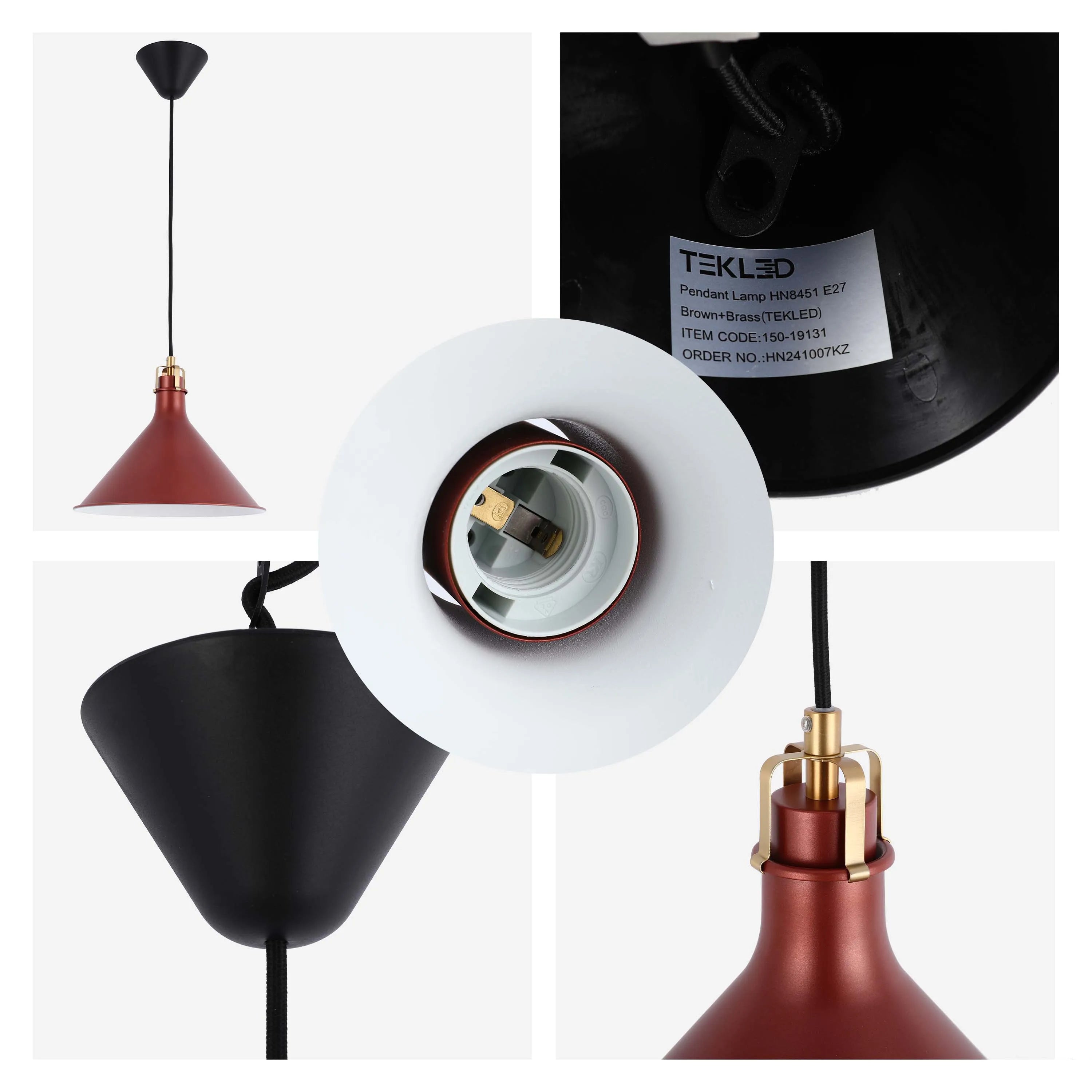 A modern pendant light with a brown shade, brass detailing, and a black ceiling rose, offering a stylish and contemporary lighting solution.