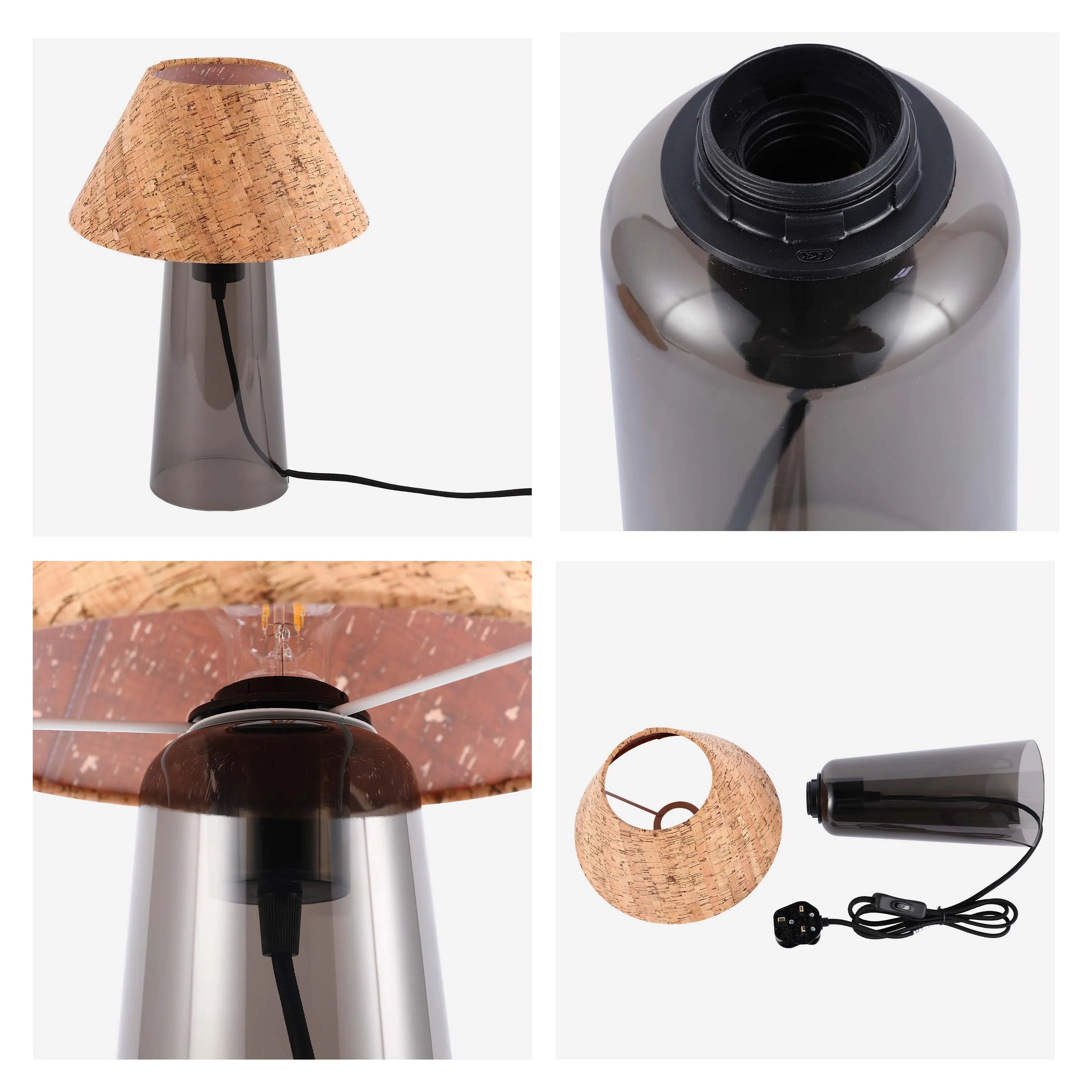Stylish lamp with a grey smoked glass base and cork shade, offering a modern and organic lighting solution.
