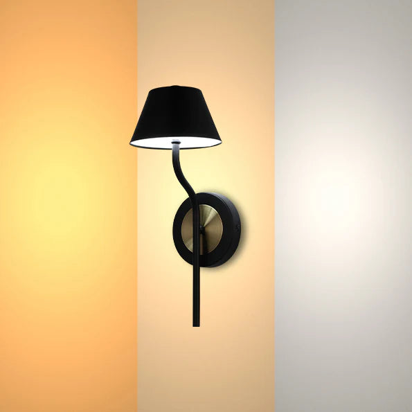 A stylish black and brass sconce wall light with a classic tapered shade, providing elegant illumination.