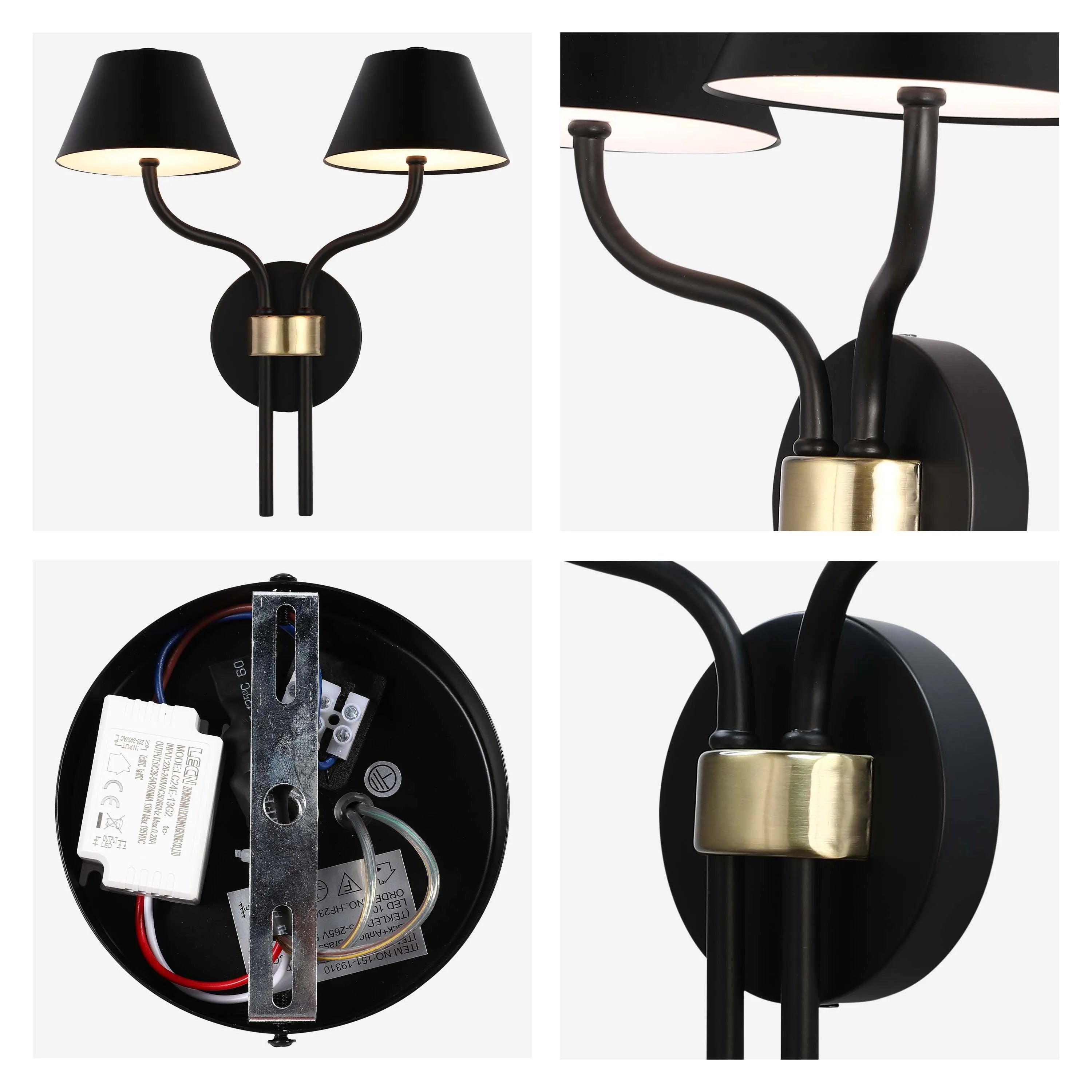 Modern wall light with black shades and gold detail. Two lights offer ample illumination.
