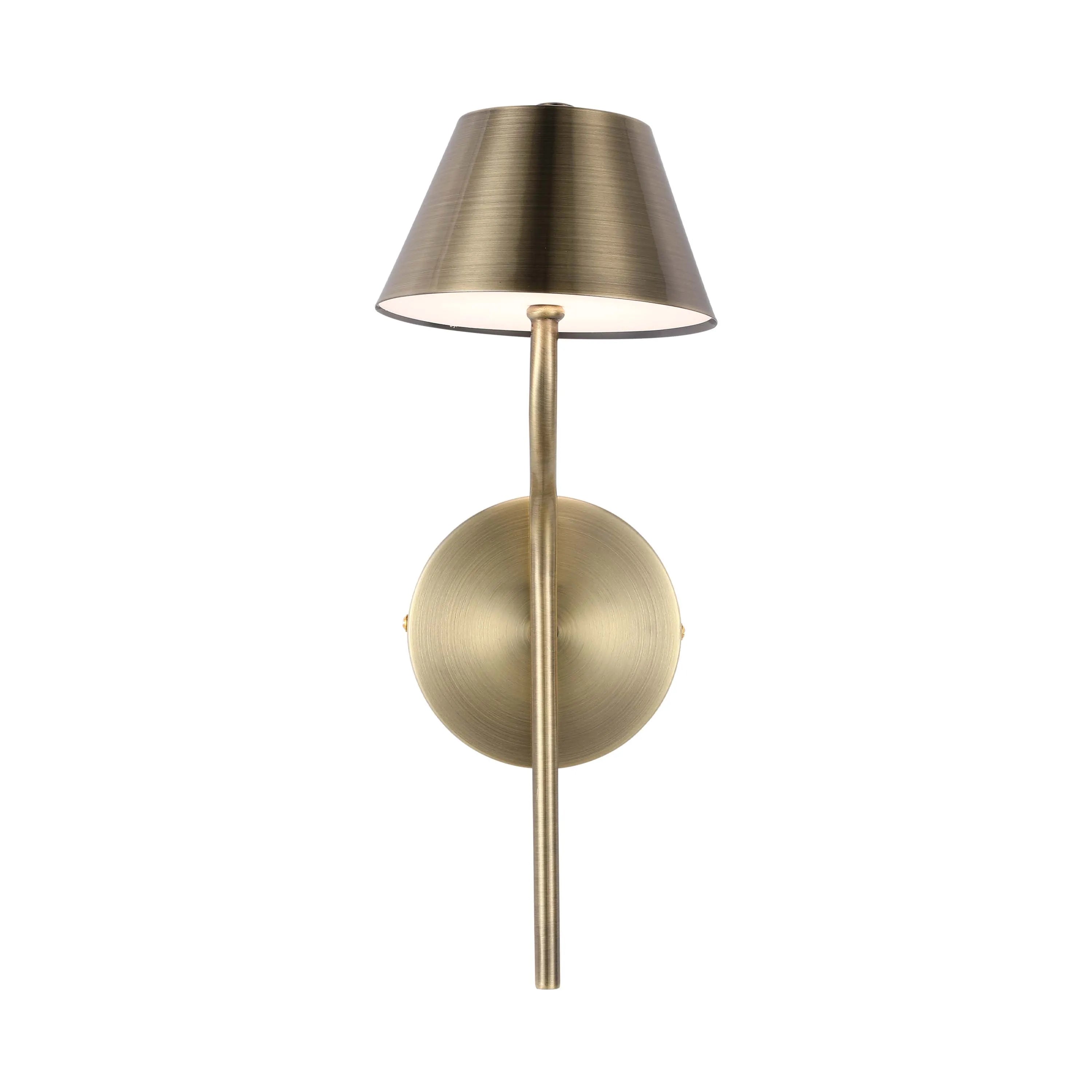 A stylish antique brass wall light with a conical shade, perfect for adding a touch of vintage charm to any room.