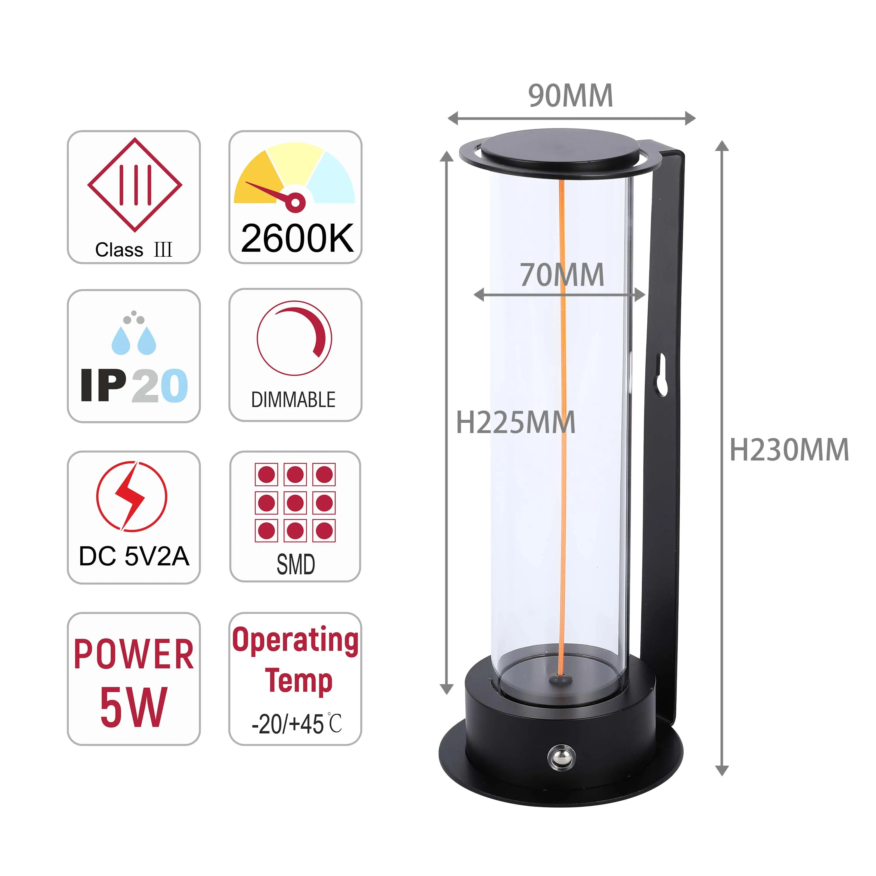 A lamp with specs: 5W power, 2600K light, 90mm wide, 230mm tall, 70mm diameter, DC 5V2A, SMD, and dimmable.