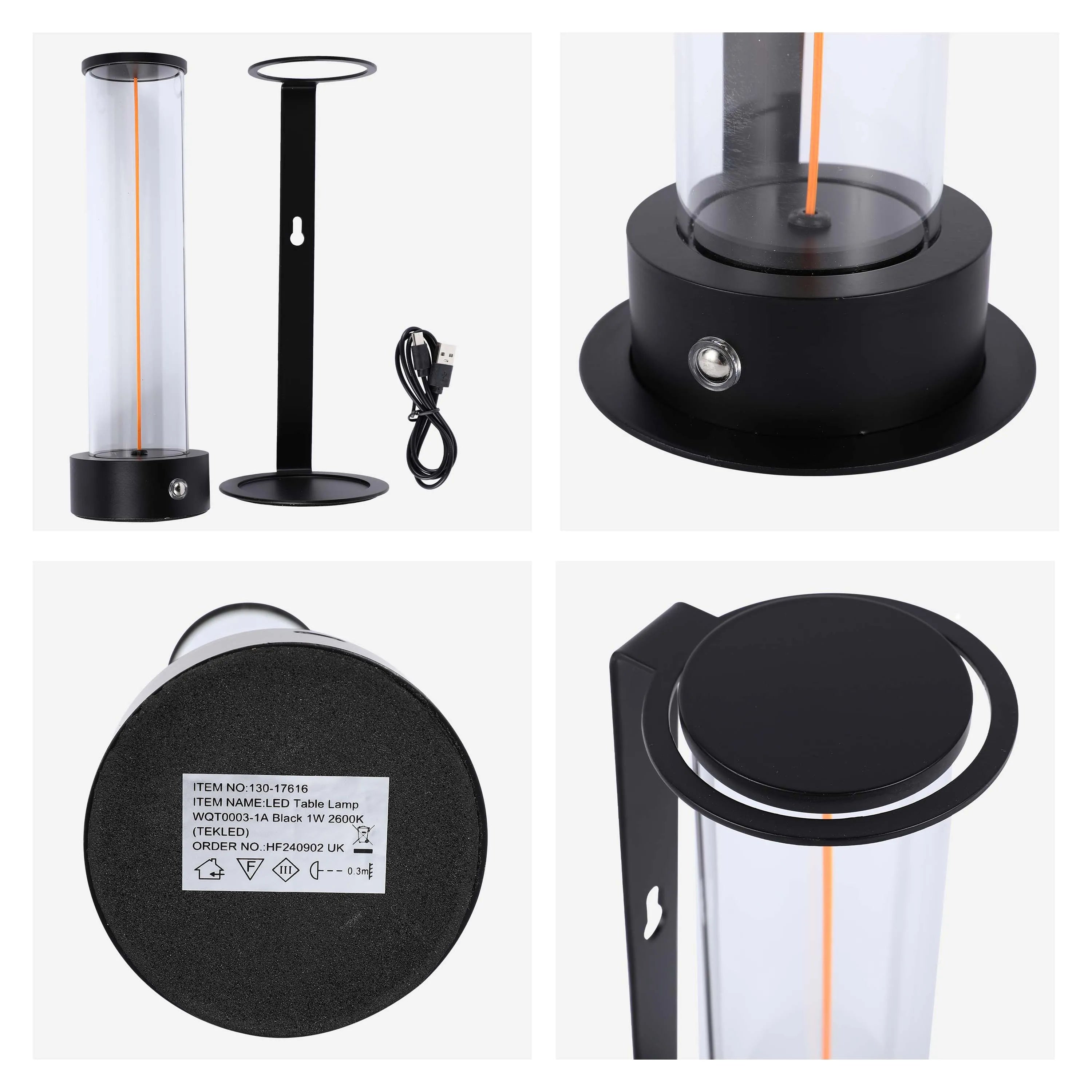 LED table lamp with a black stand and a clear cylindrical shade, showcasing its modern design and warm light output.