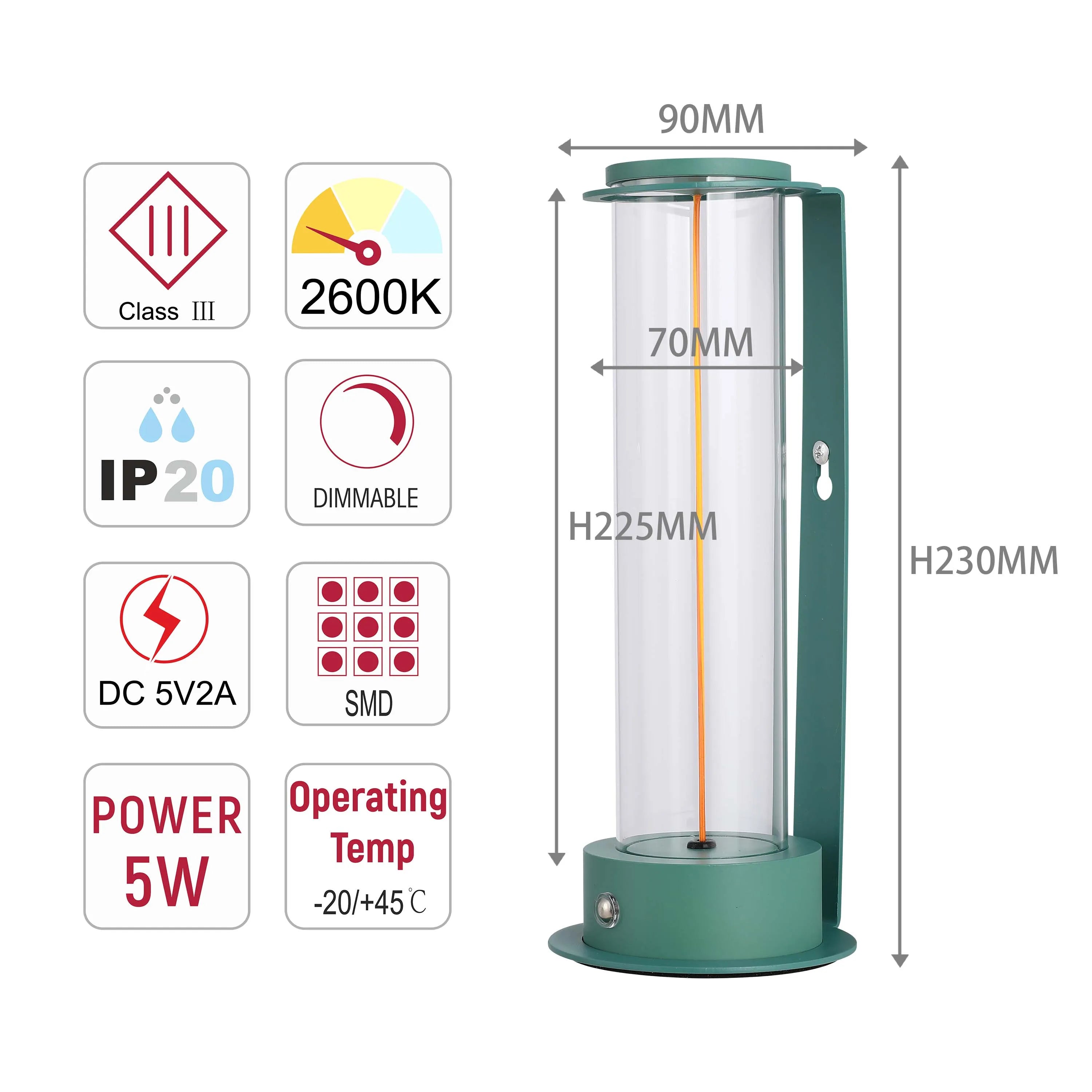 A stylish cylindrical lamp with a 2600K warm light, dimmable, SMD LEDs, and a power output of 5W, ideal for creating ambience.