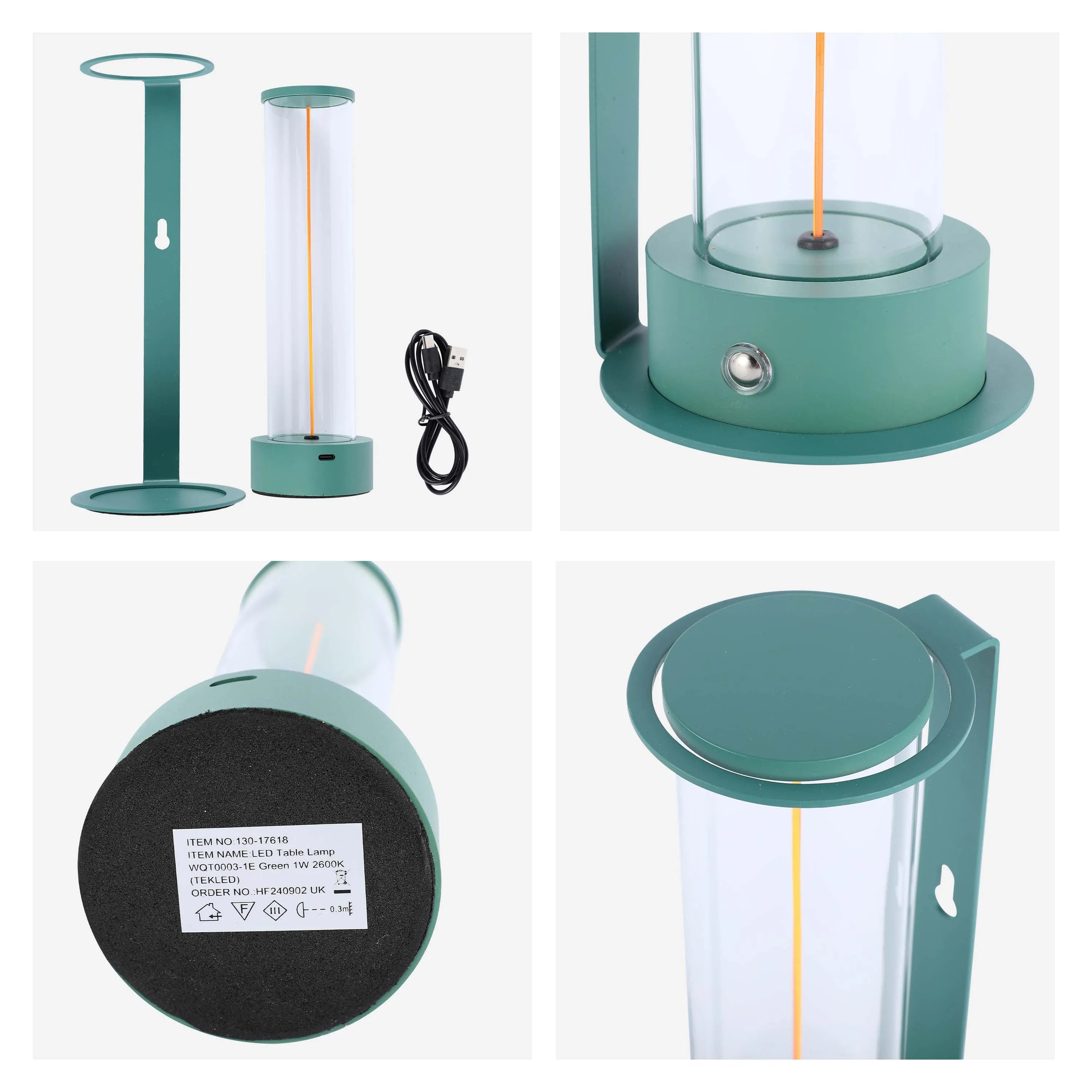 Stylish green LED table lamp with orange filament encased in a transparent cylinder and a matching hanging pole.