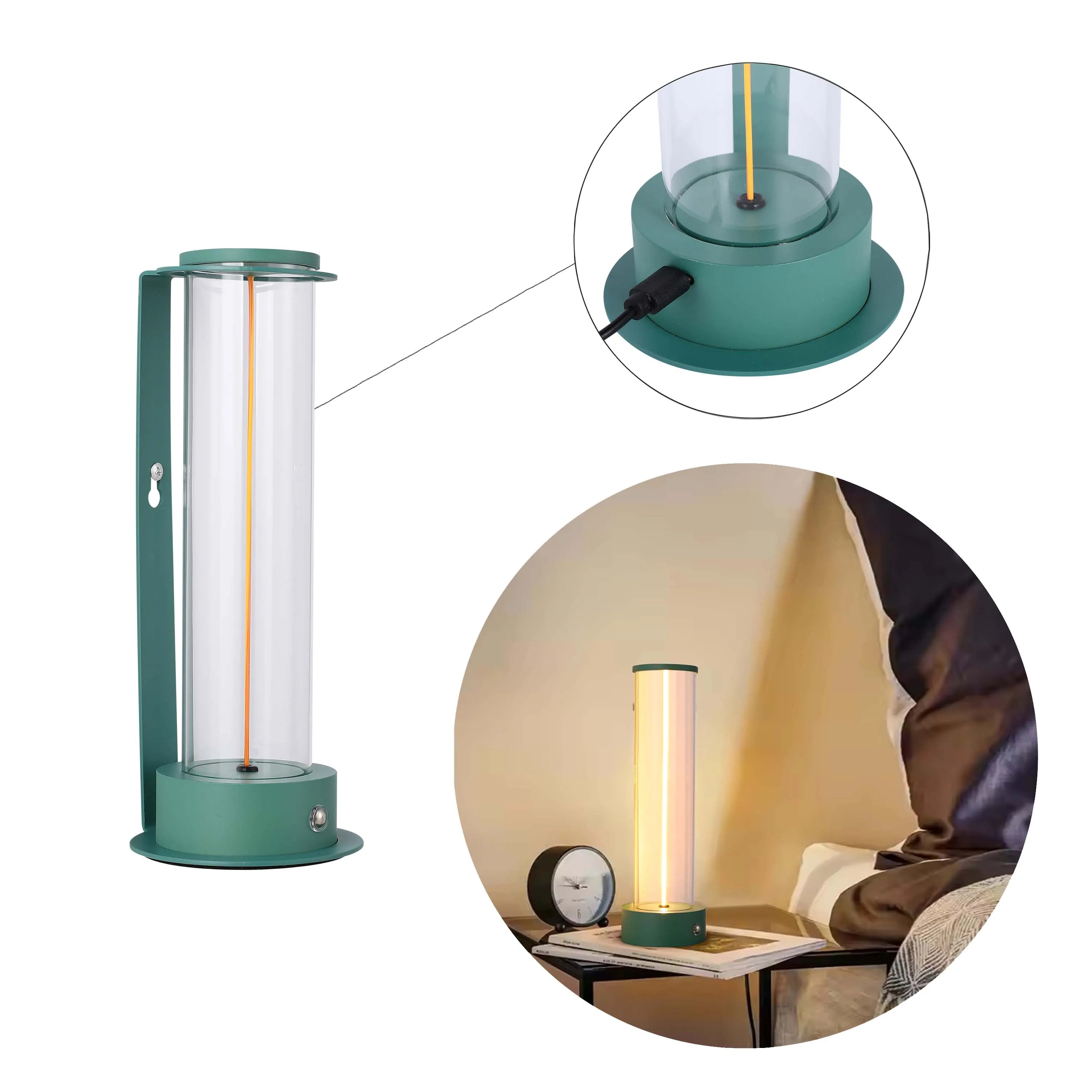 A trendy LED lamp, with a clear tube design, illuminates in a warm, inviting light, perfect for modern bedrooms.