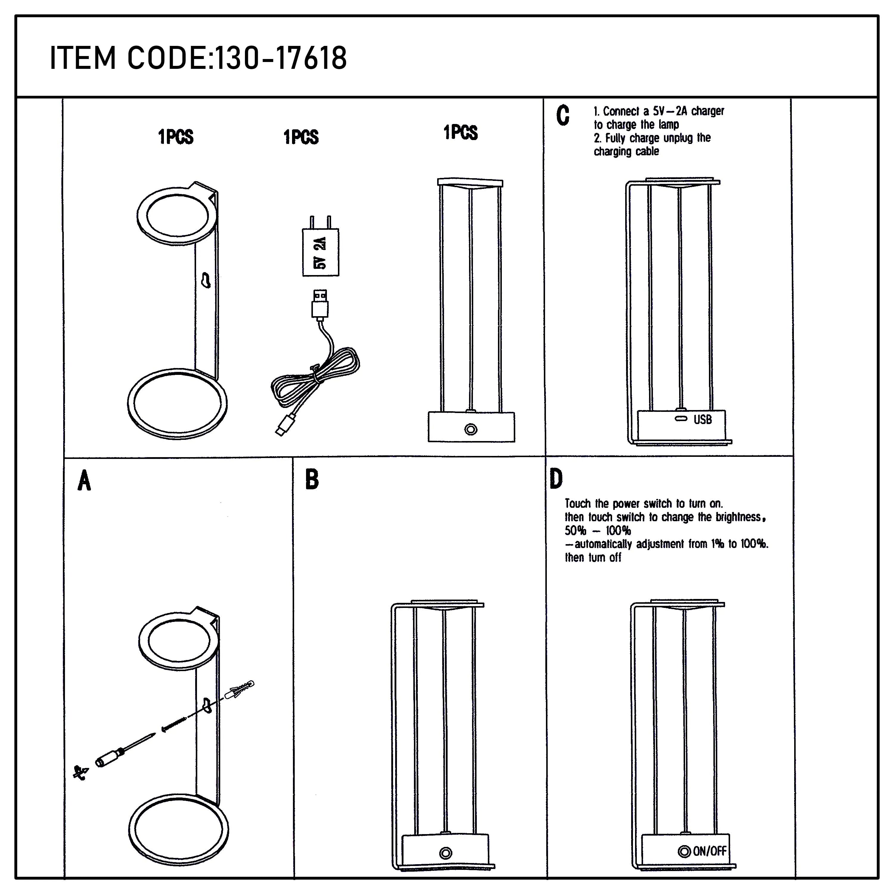 Diagram illustrating assembly and charging instructions for a modern LED lamp.