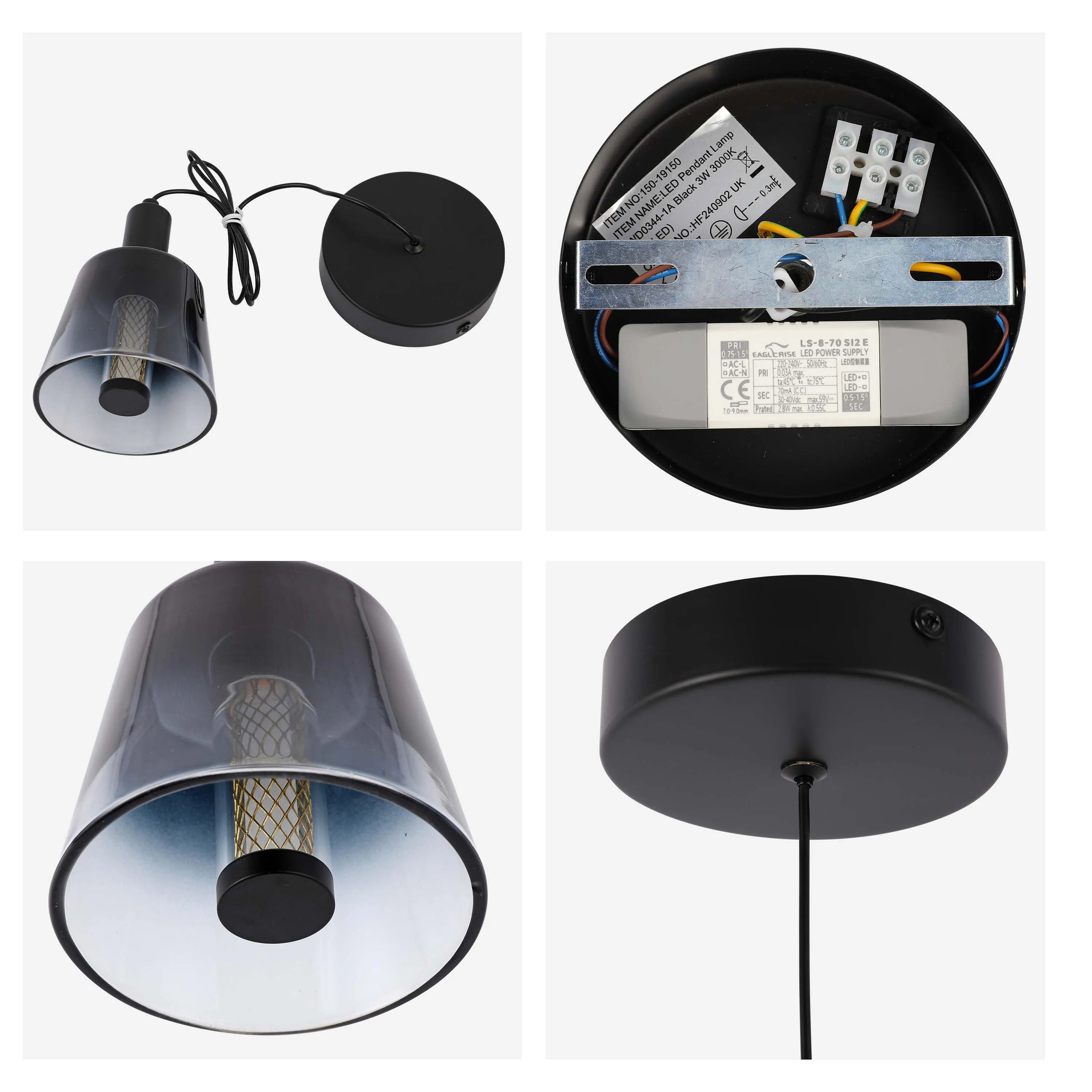 A modern pendant light with a grey-tinted shade and black fitting. The LED lamp is energy efficient and casts a warm glow.