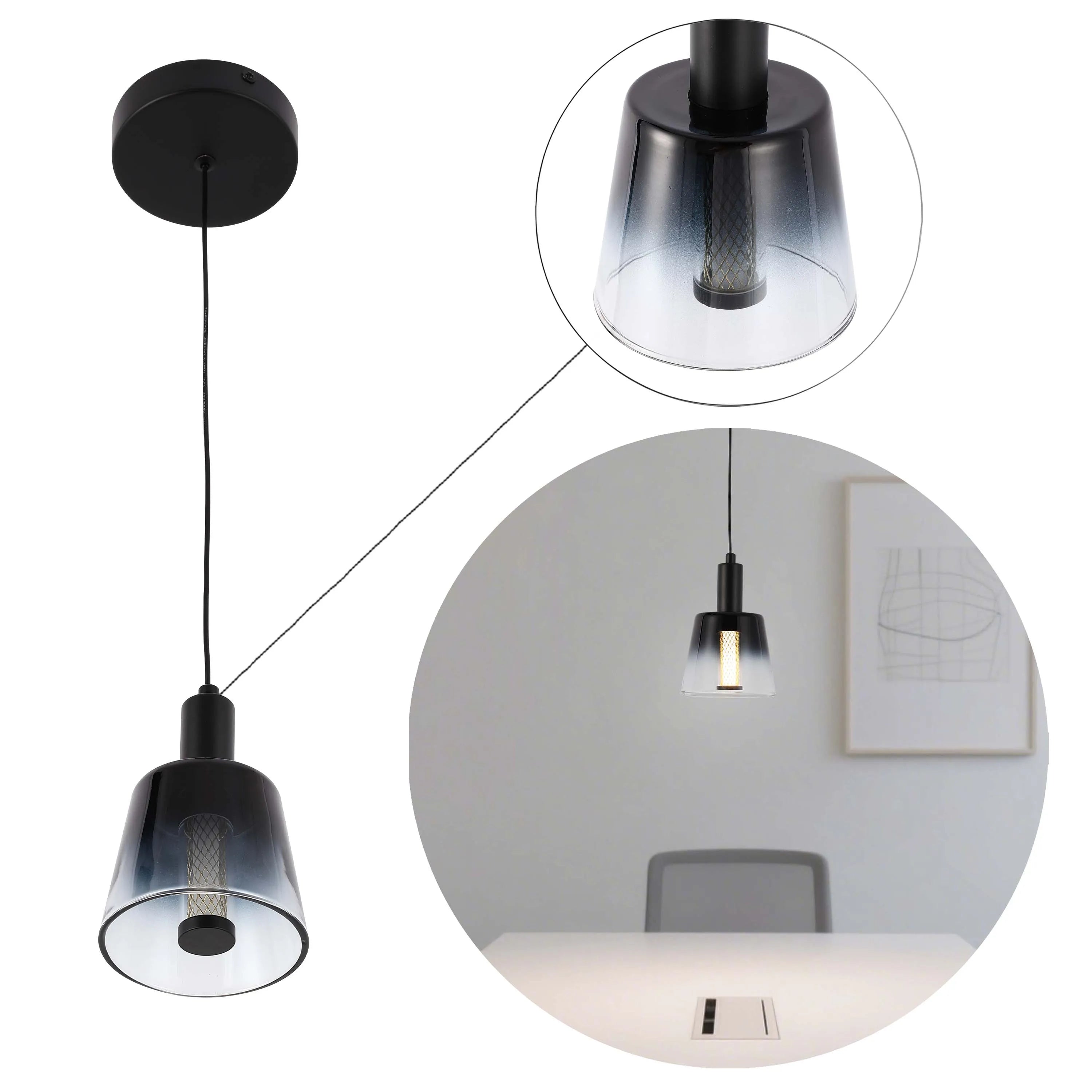 A pendant light with a black and transparent glass shade, suspended from a black ceiling rose.
