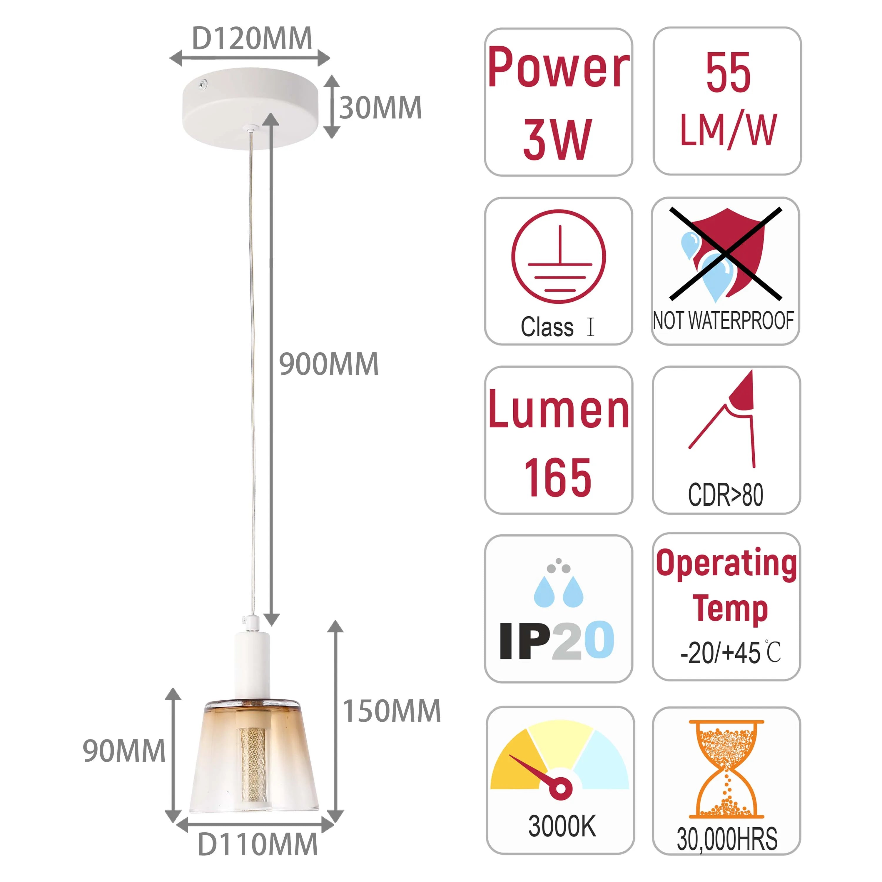 A pendant light with dimensions; power 3W, lumen 165, colour temp 3000K, life 30000 hours. Not waterproof.