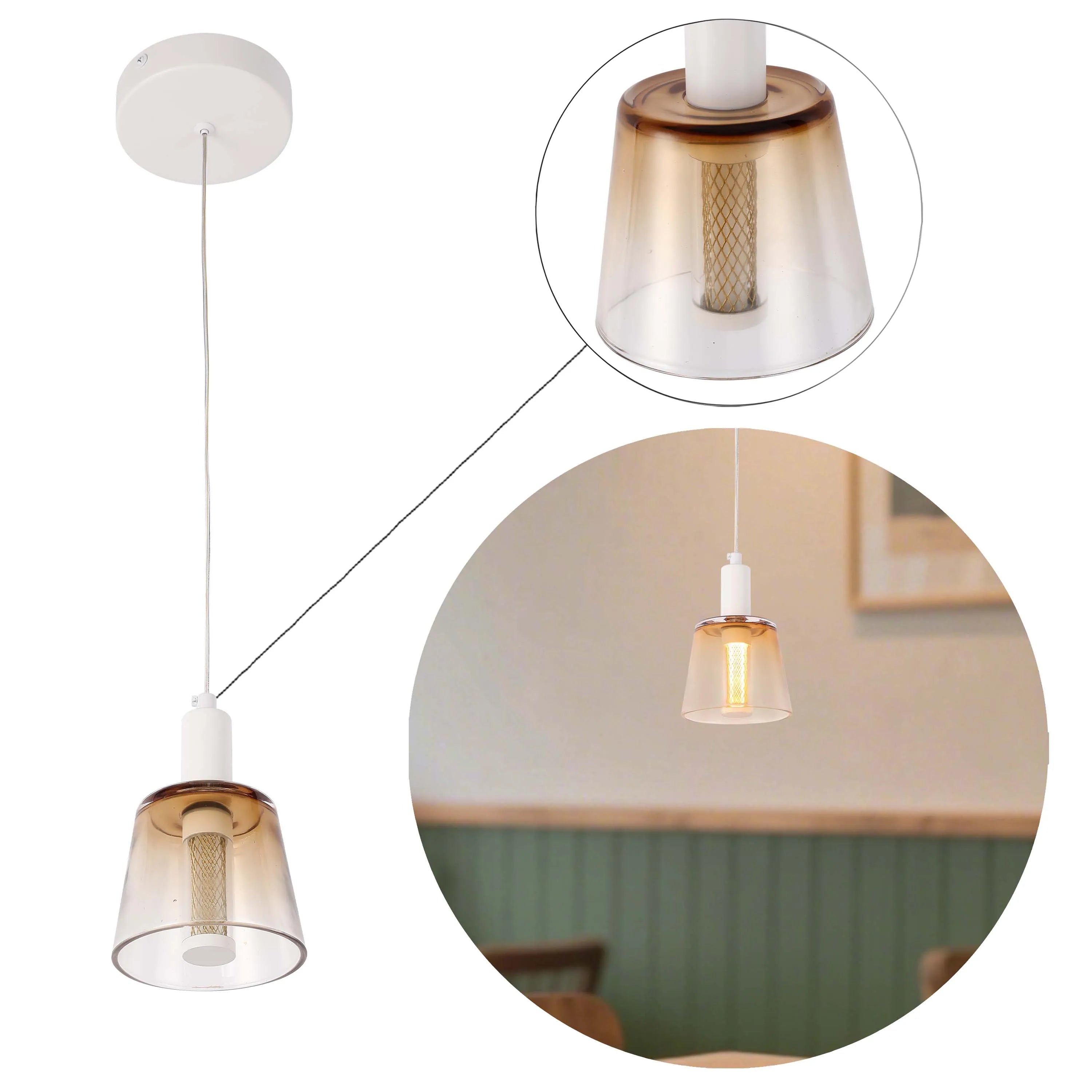 A single pendant light featuring a transparent amber glass shade and a sleek white ceiling mount.