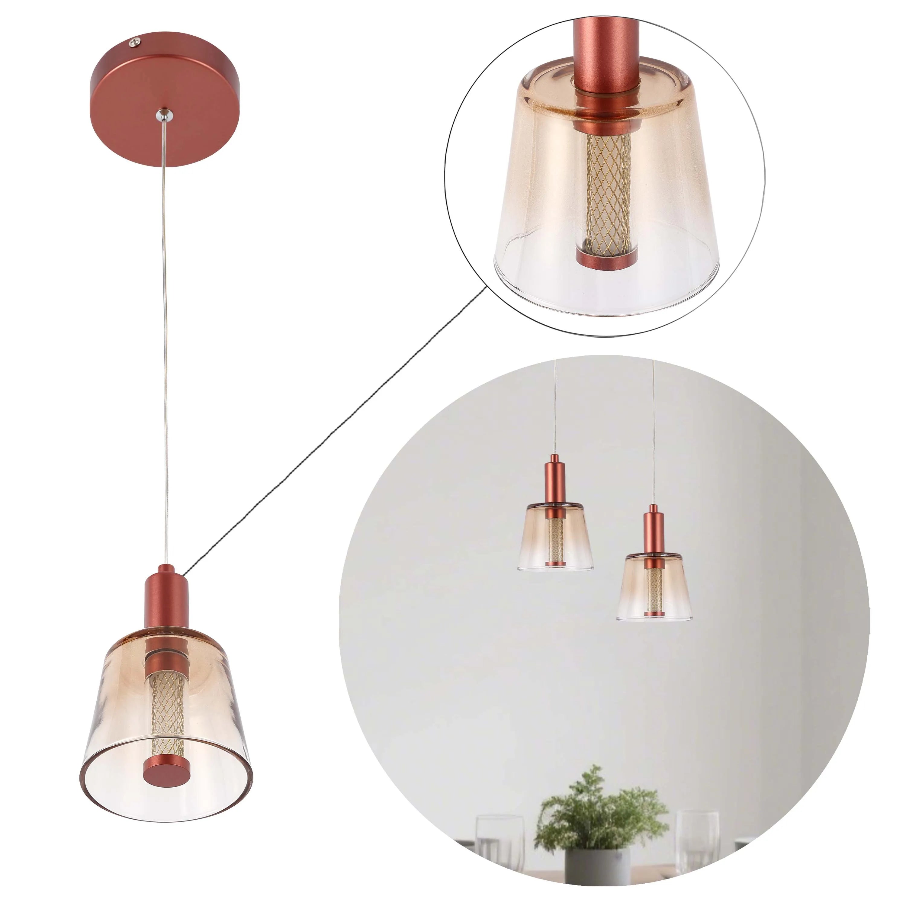Stylish copper pendant lights with translucent glass shades. Modern and elegant lighting for a chic interior design.