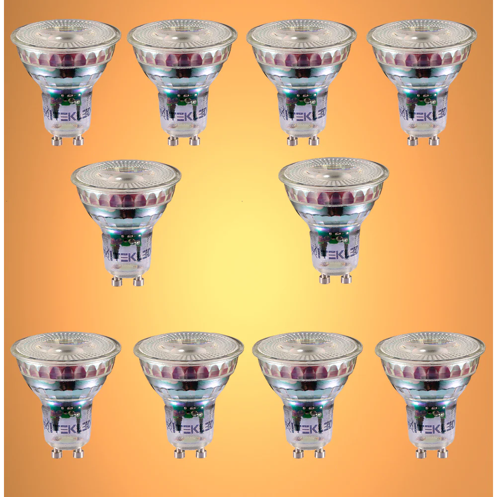 A grid of ten LED light bulbs, showcasing their energy-efficient design and modern aesthetic against a graduated orange background.