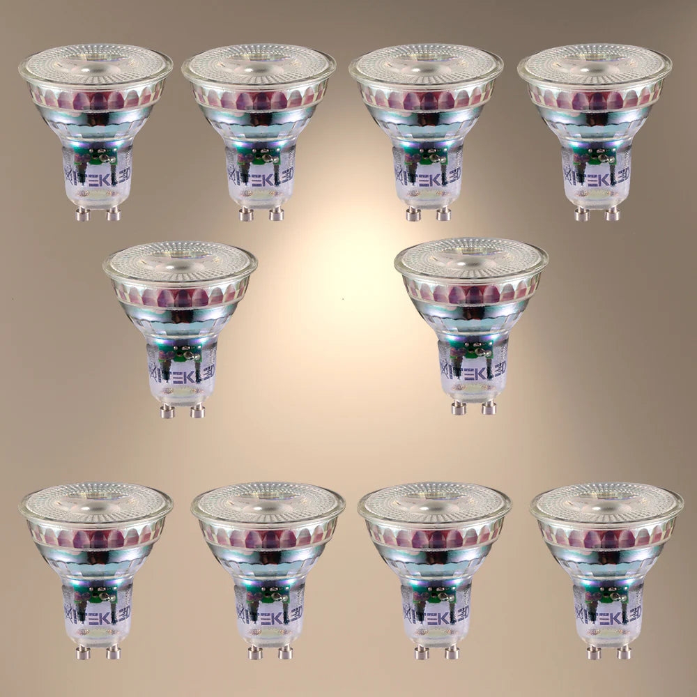 A collection of ten LED downlights, each with a clear glass housing and silver base. They are arranged in a symmetrical pattern.