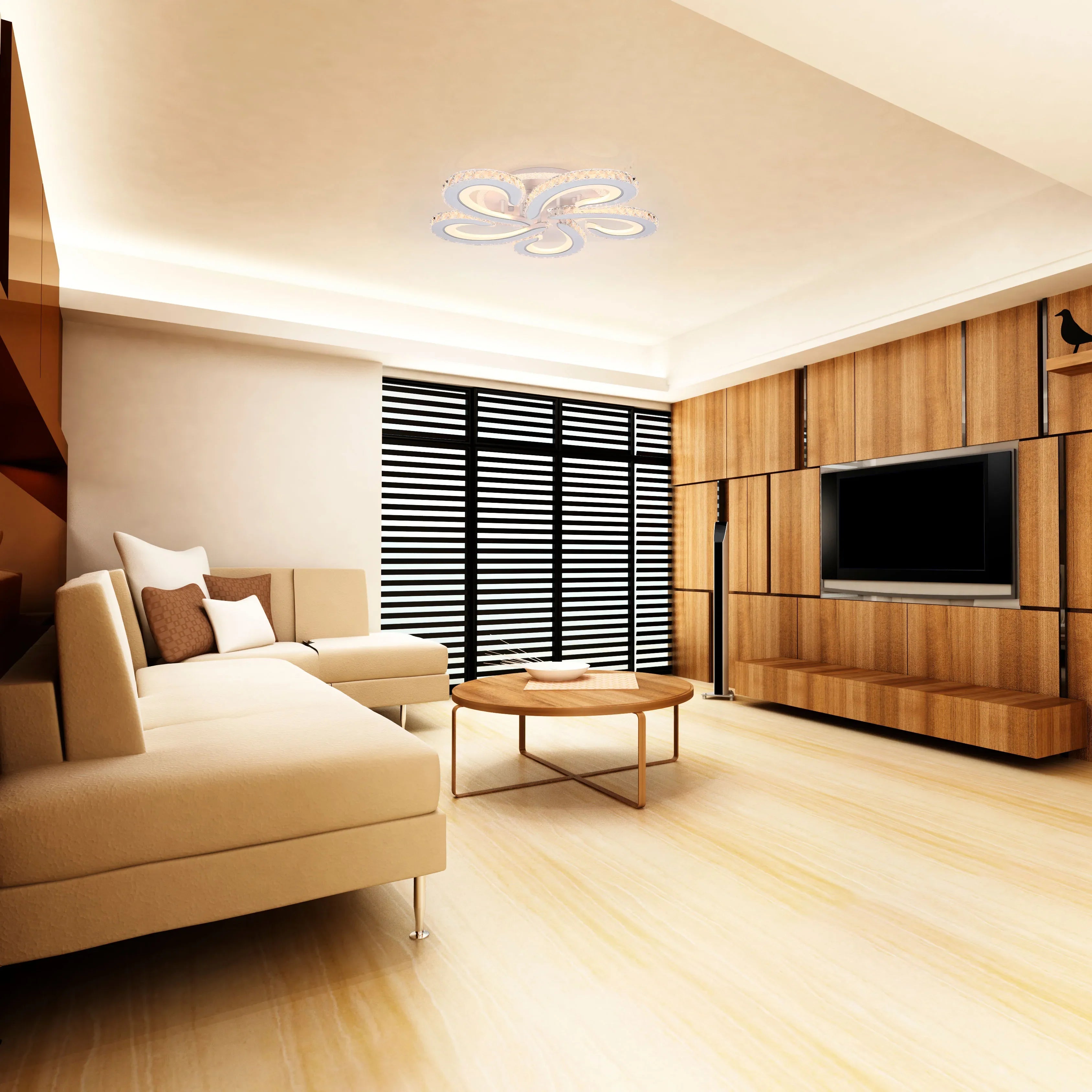 Modern living room with a flower-shaped ceiling light providing ambient lighting and creating a bright, welcoming atmosphere.