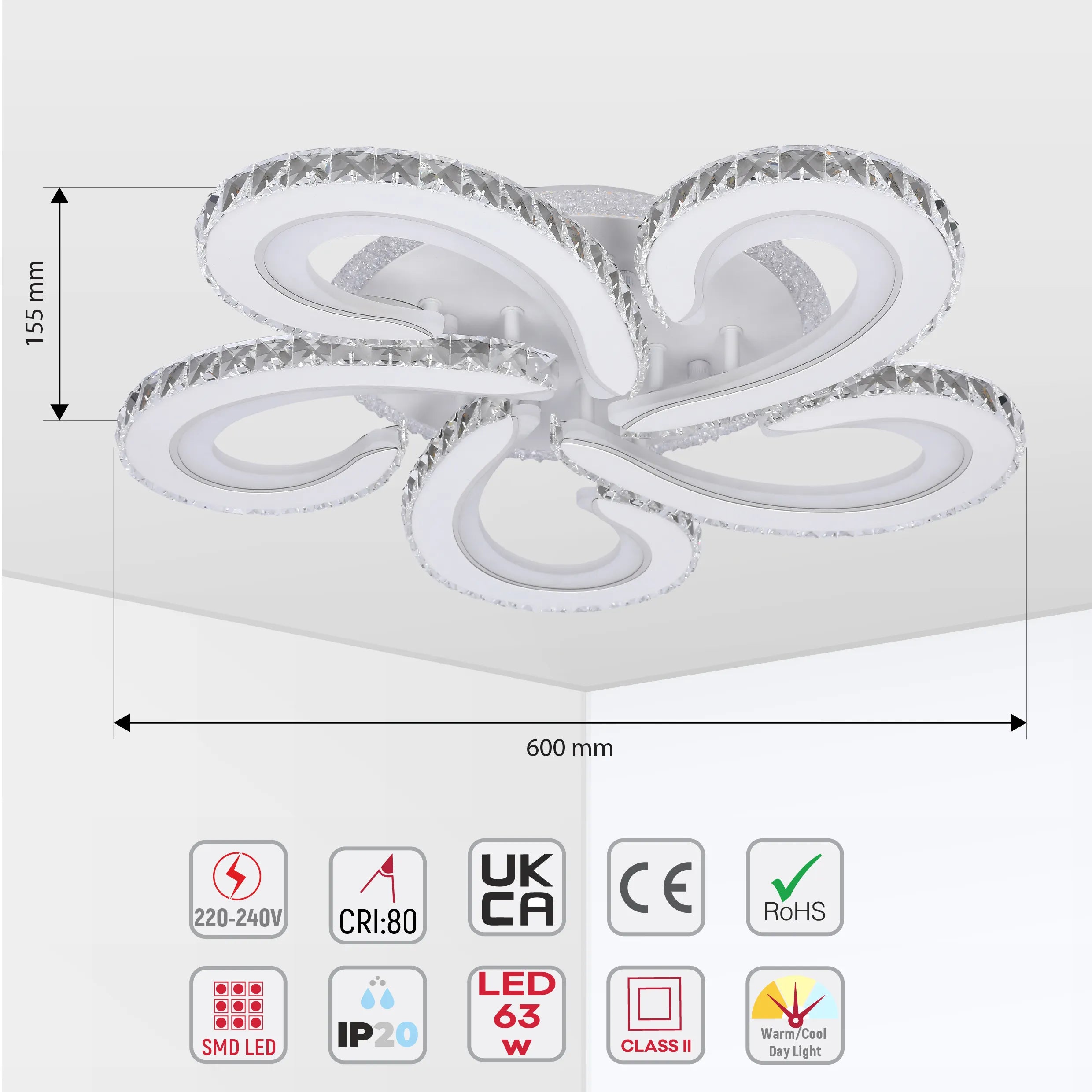 Modern LED ceiling light with crystal embellishments. Round, flower-like design. 600mm wide, 155mm height, 63W, and warm/cool day light.