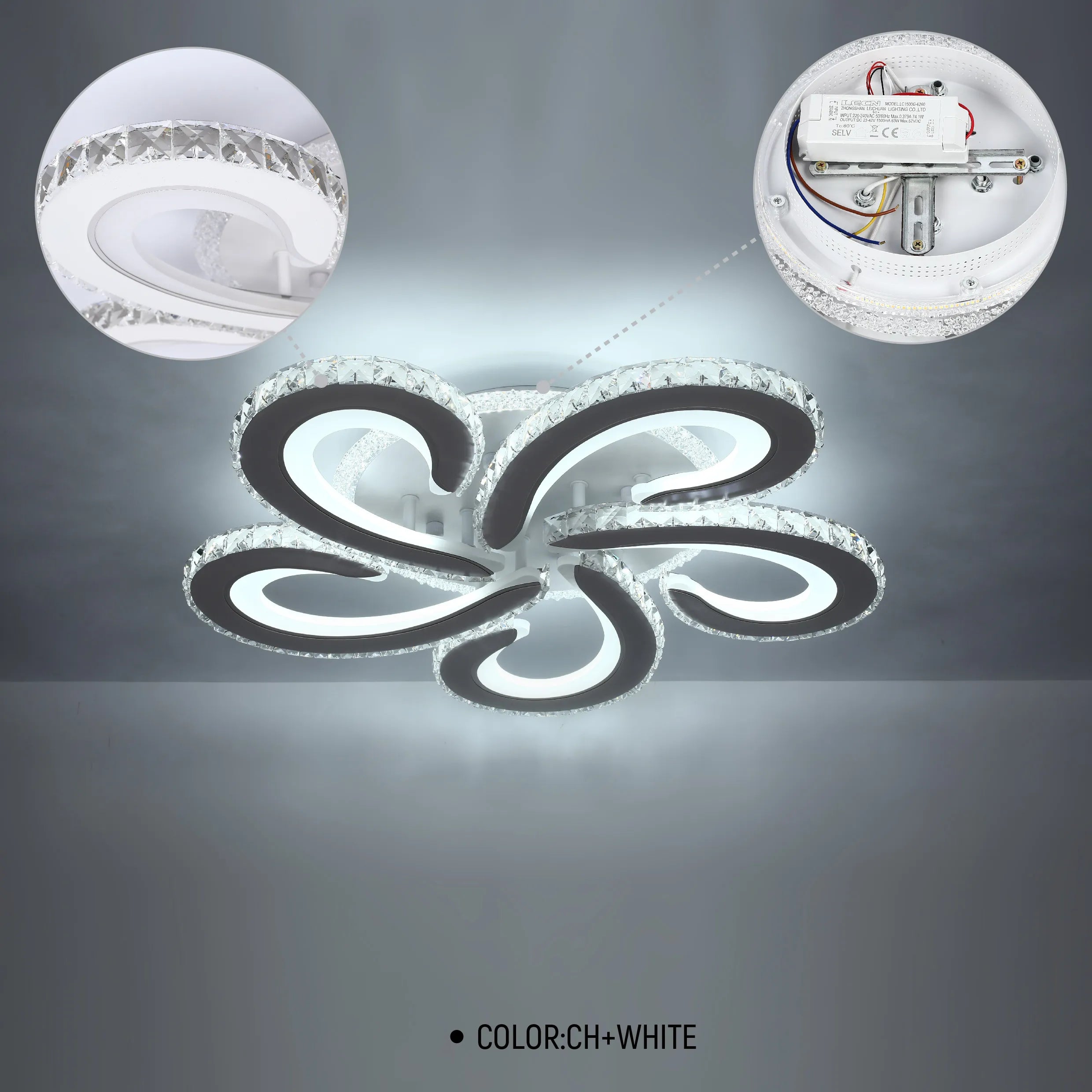 A crystal and chrome five-light ceiling light with a unique swirl design and circular details. Colour: chrome and white.
