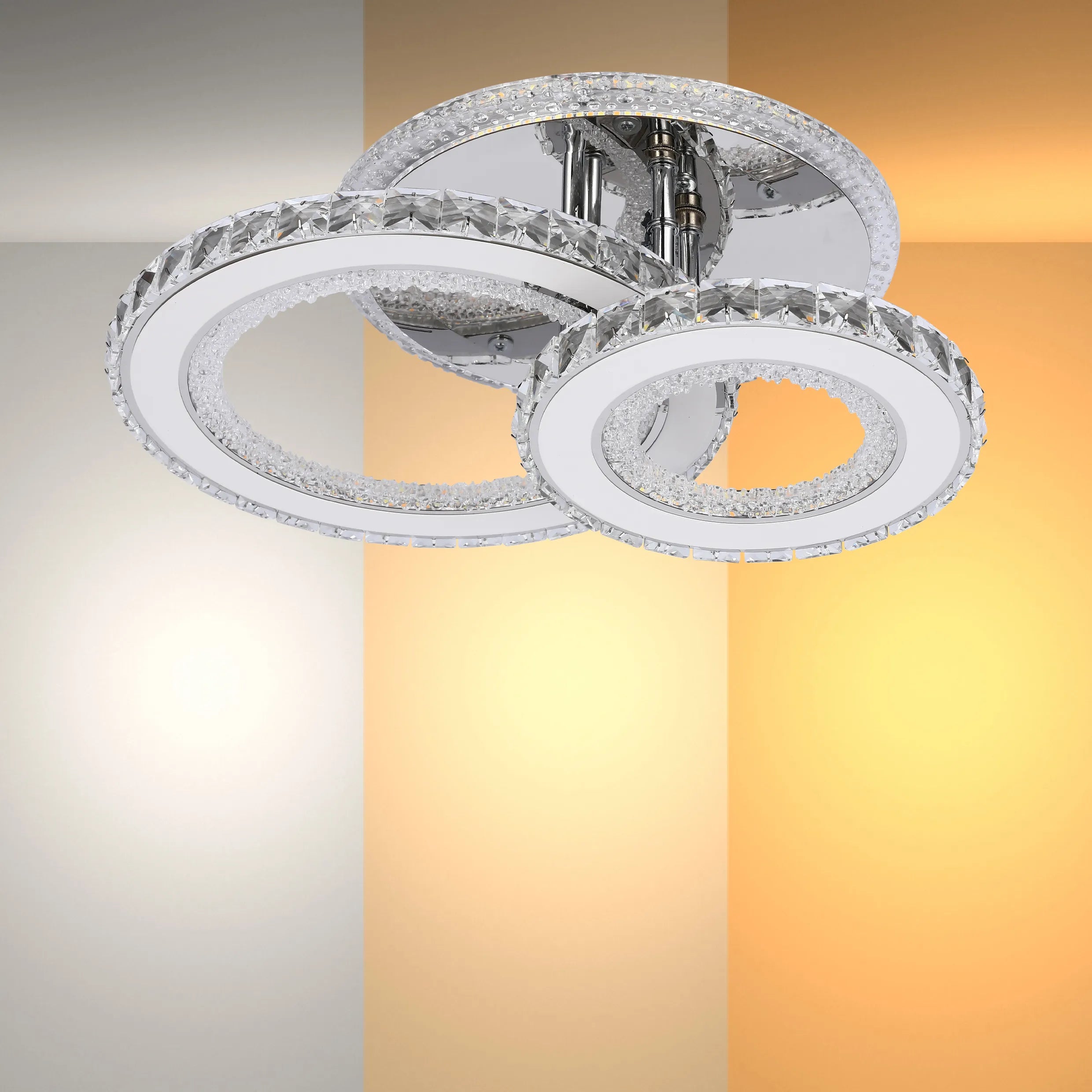 Modern LED ceiling light with crystal embellishments and chrome finish, showcasing a warm, ambient glow.