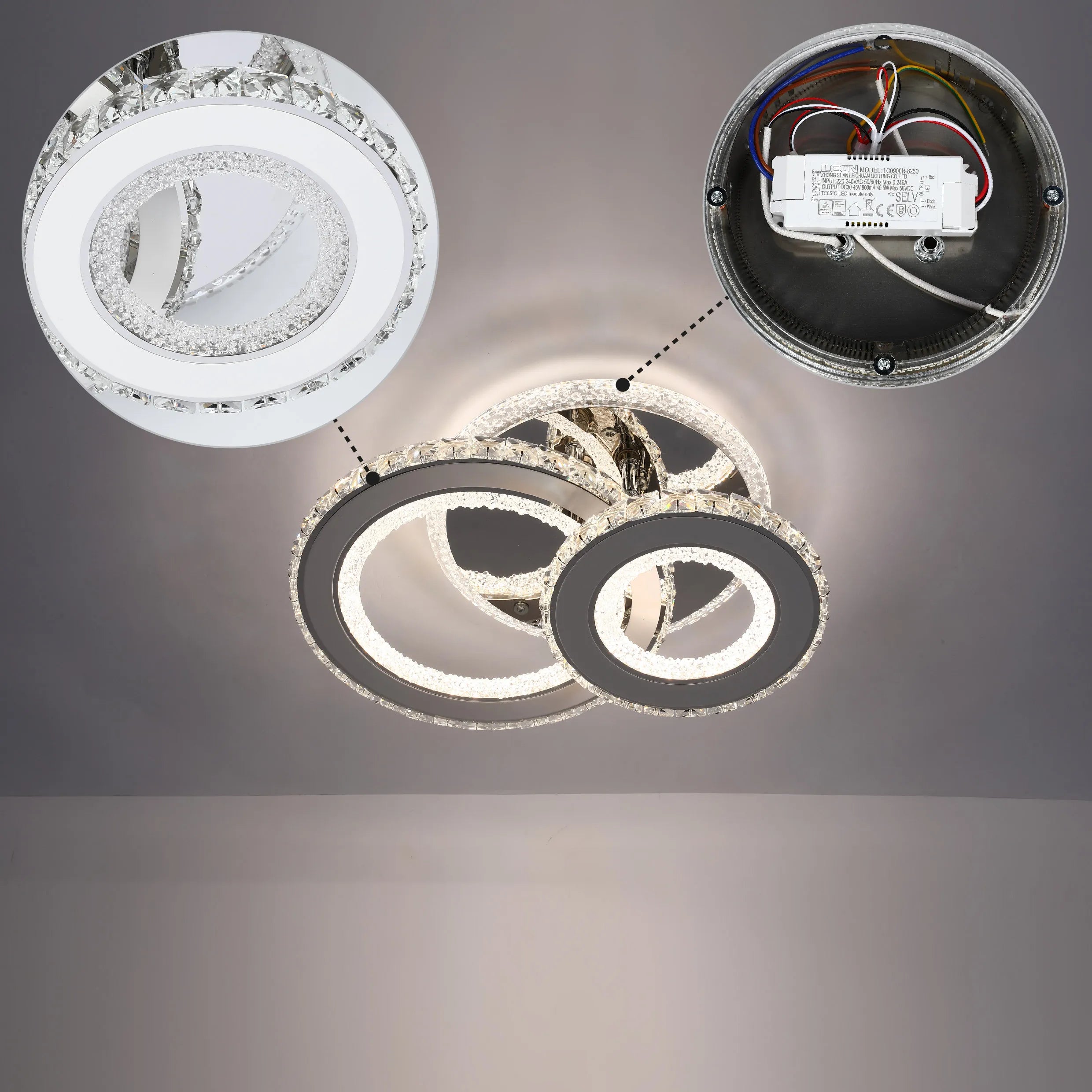 A modern, multi-ring LED ceiling light fixture with crystal accents, showcasing both the design and internal components.