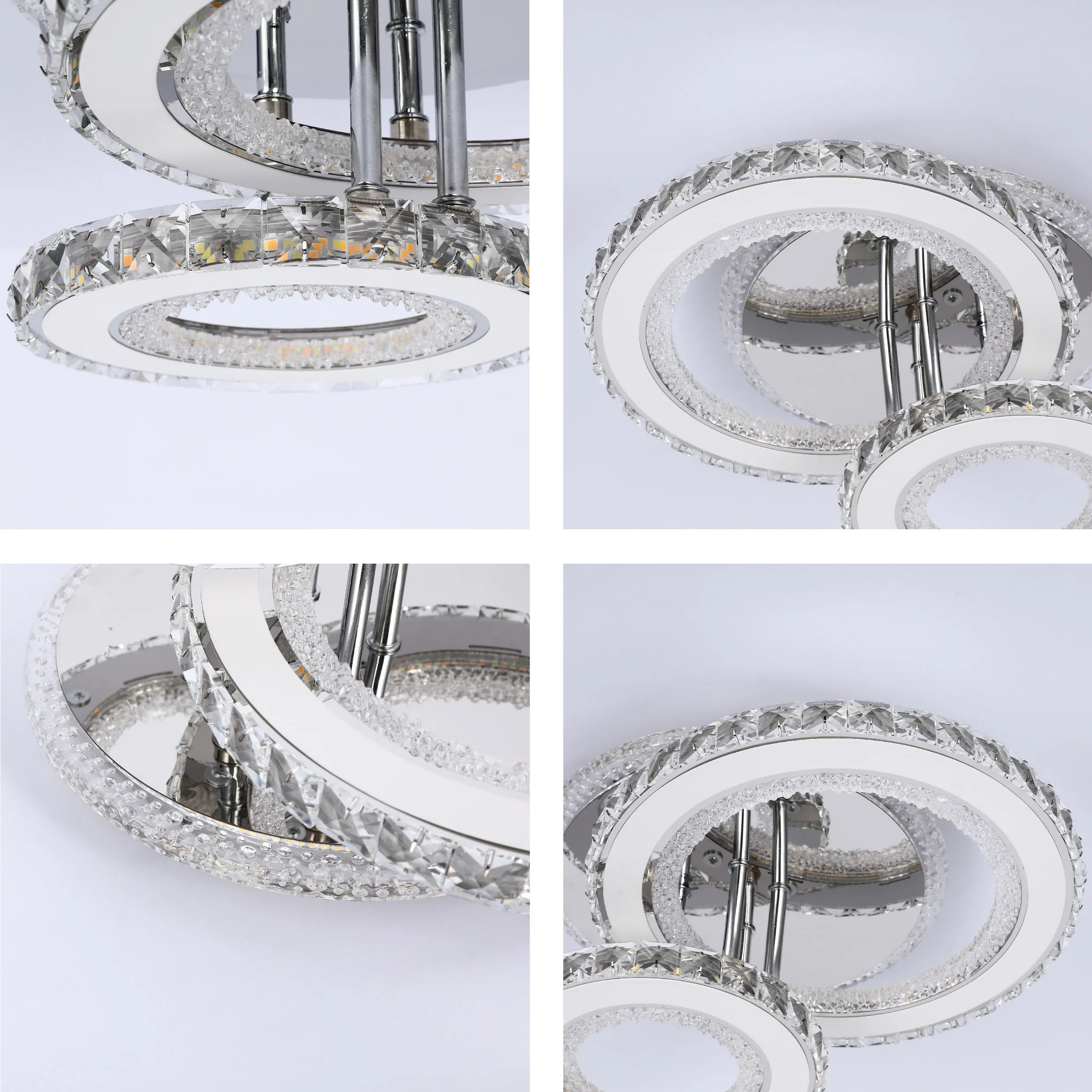 Modern LED ceiling light fixture with crystal detailing, suspended from polished chrome rods.
