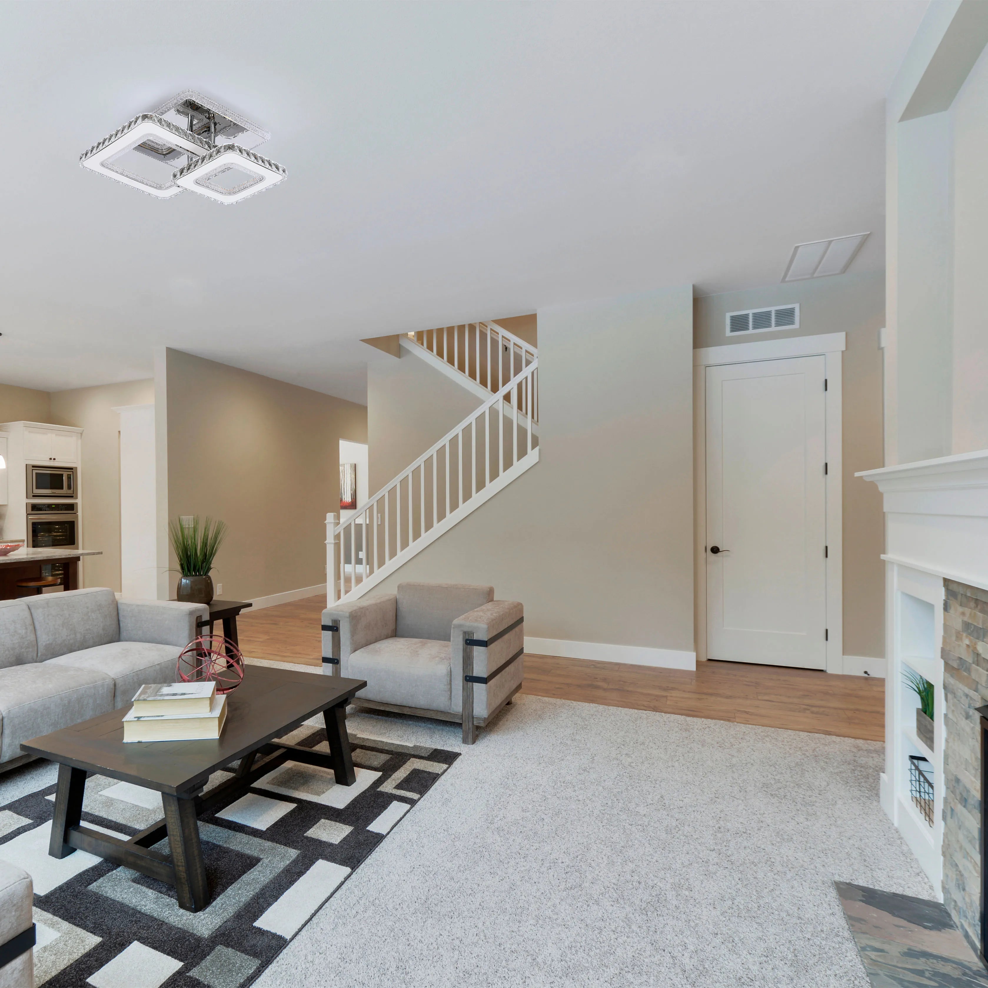 Contemporary ceiling light with a crystal-embellished, square design. Adds a touch of modern elegance to any room.