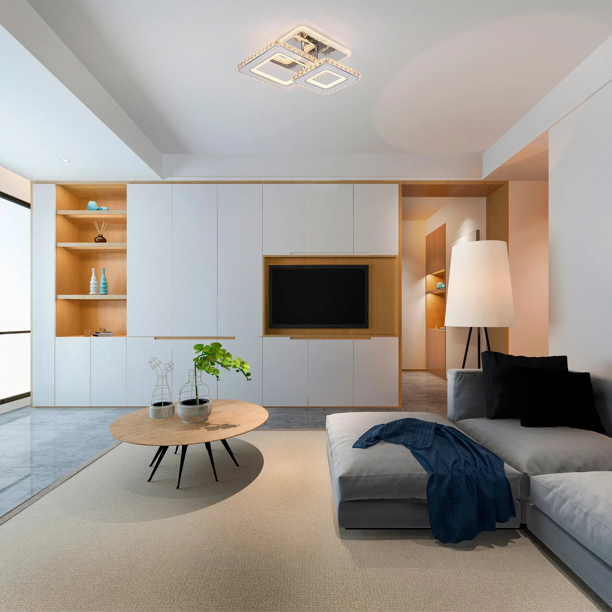 A modern living room featuring an eye-catching square LED ceiling light, complemented by a floor lamp for soft, ambient lighting.