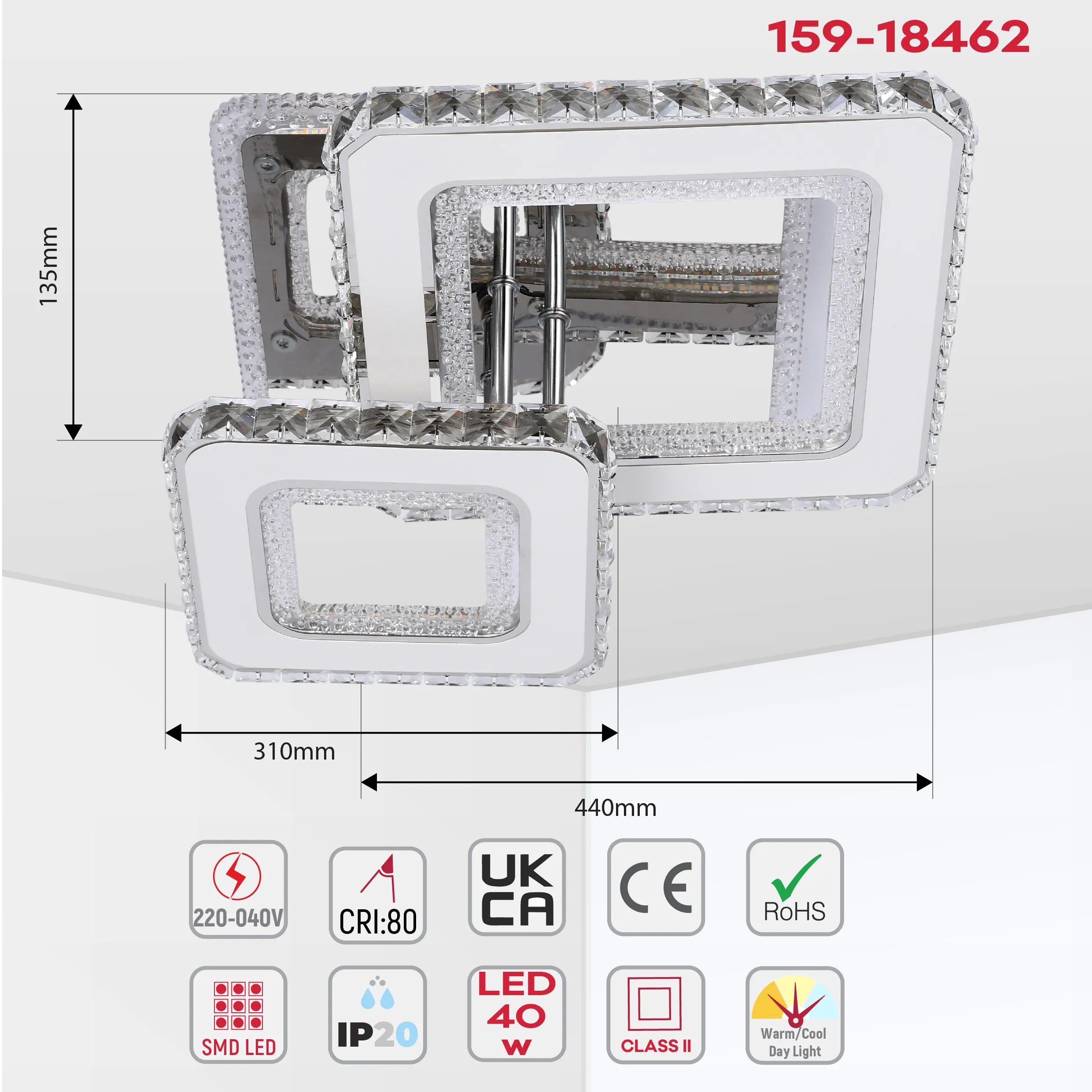 A modern crystal ceiling light with square LED panels. Dimensions: 440mm x 310mm x 135mm.