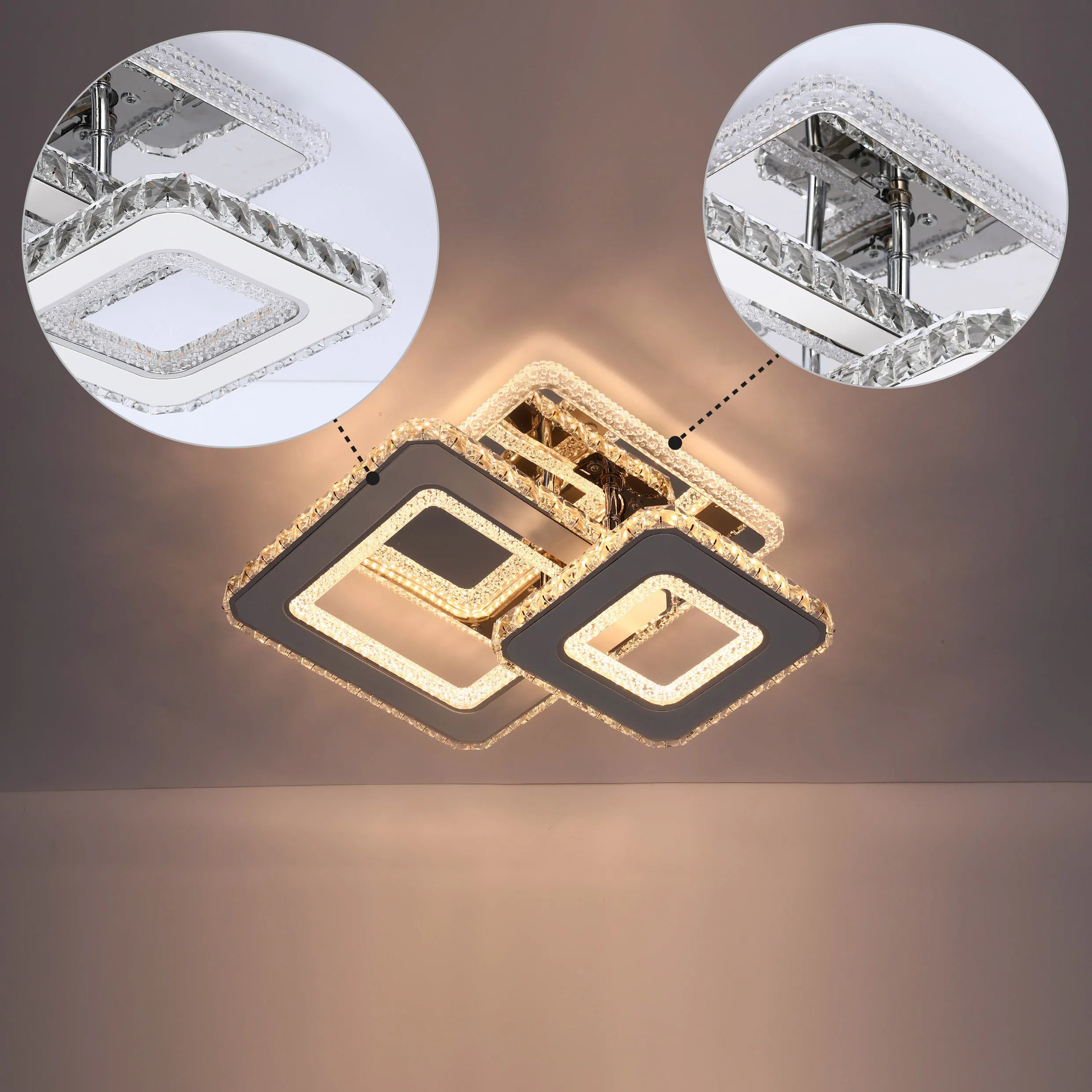 A modern chrome and crystal ceiling light with geometric square designs, providing a sleek and bright ambience.