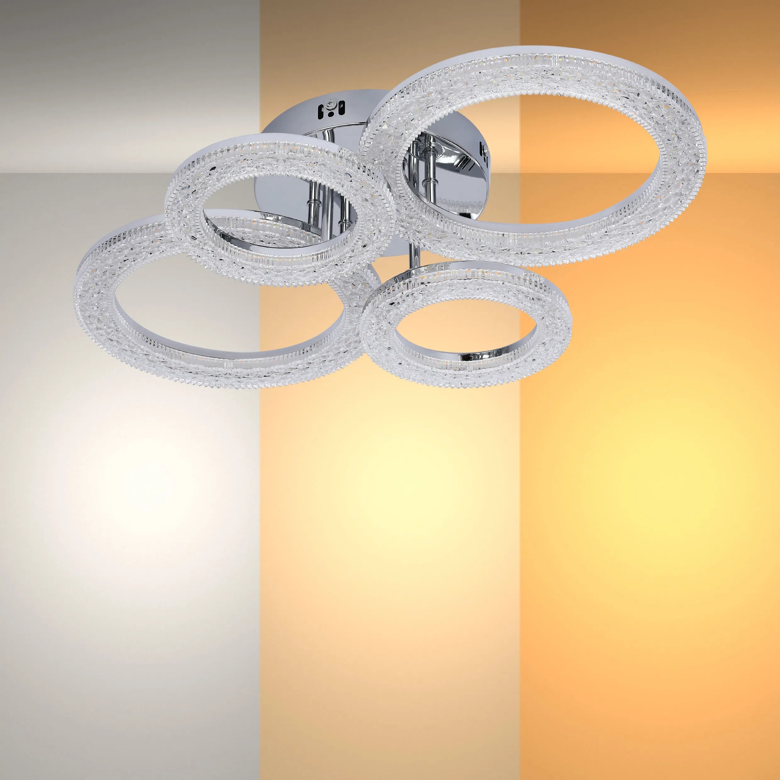 A modern, stylish ceiling light fixture with crystal-encrusted rings provides a bright, eye-catching illumination.