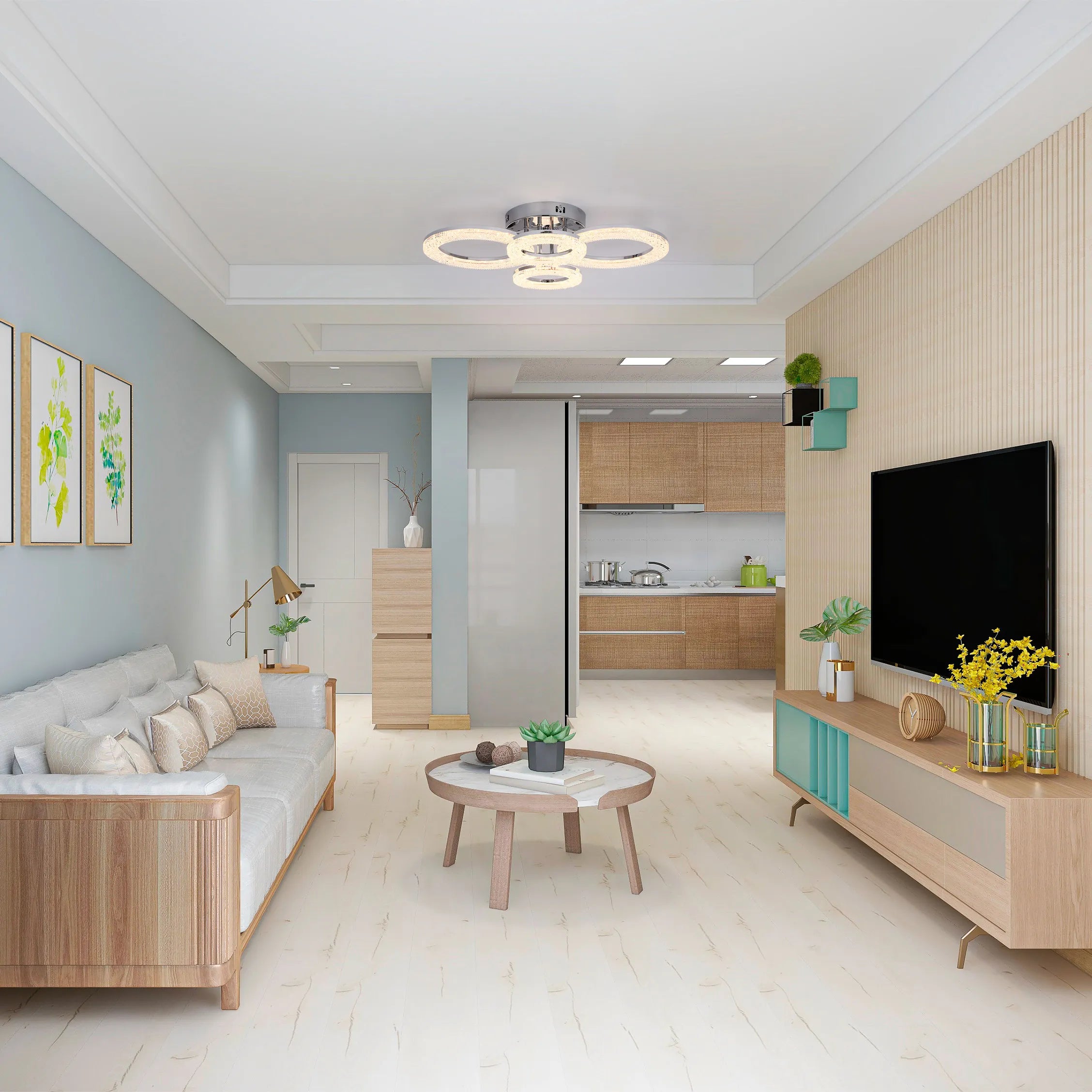 A modern chrome-finish LED ceiling light featuring interconnected rings, providing ample illumination for contemporary living spaces.