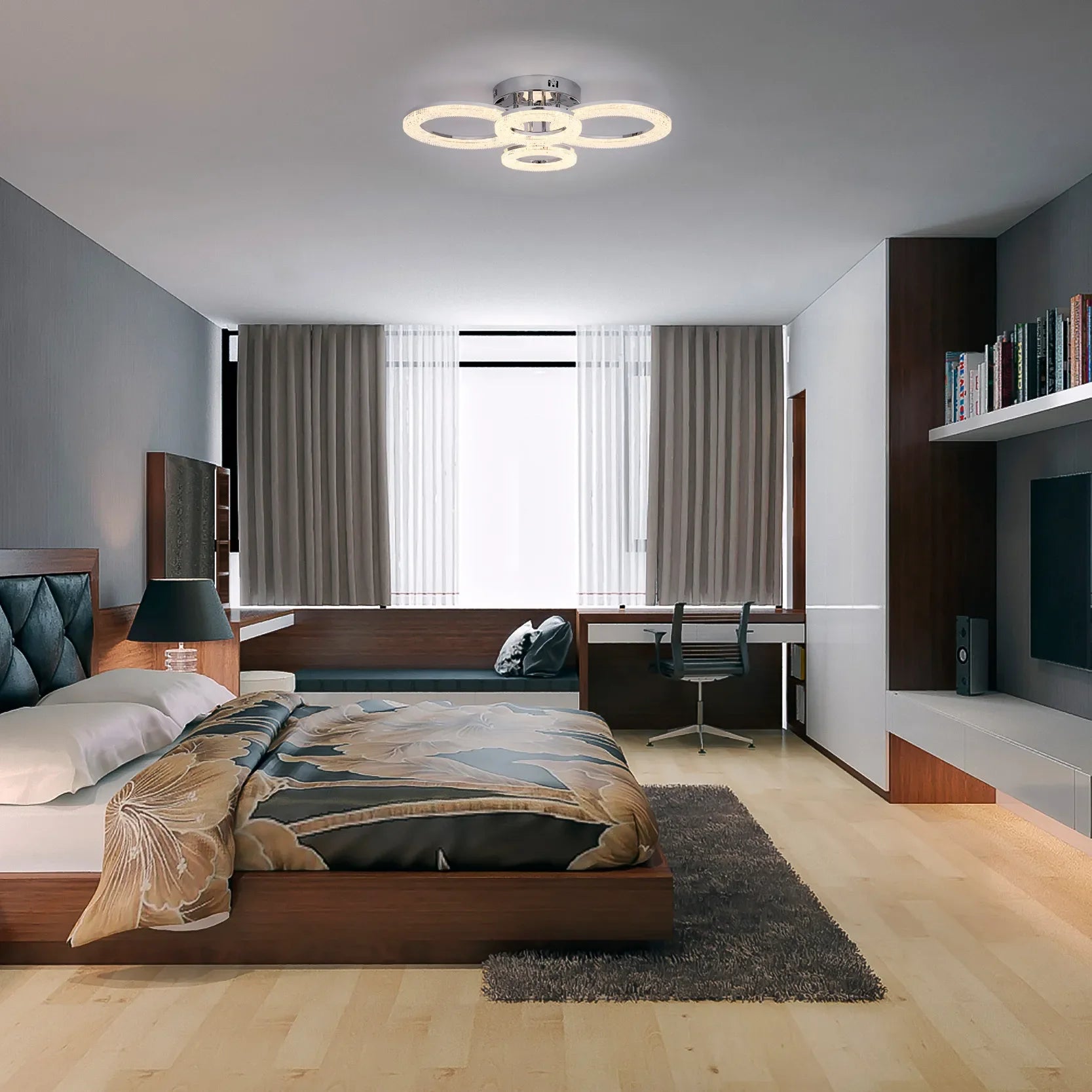 A modern bedroom features a circular LED ceiling light, adding a contemporary touch to the space.