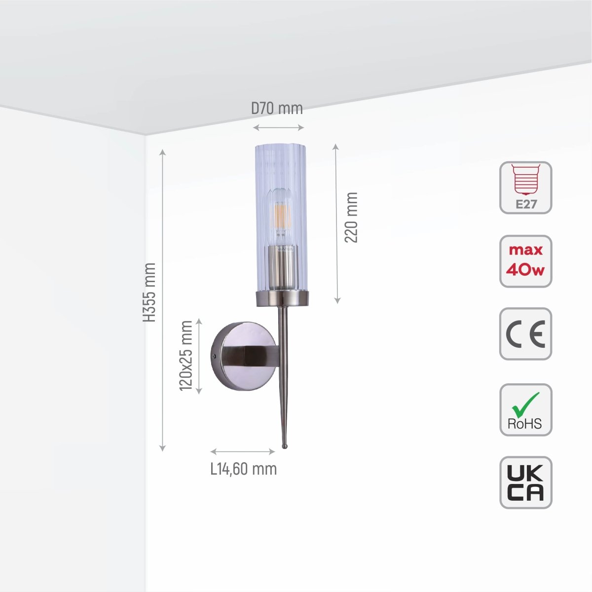 Product dimensions of Satin Nickel Cylinder Clear Reeded Glass Joseph Fonteyn Fluted Wall Light E27