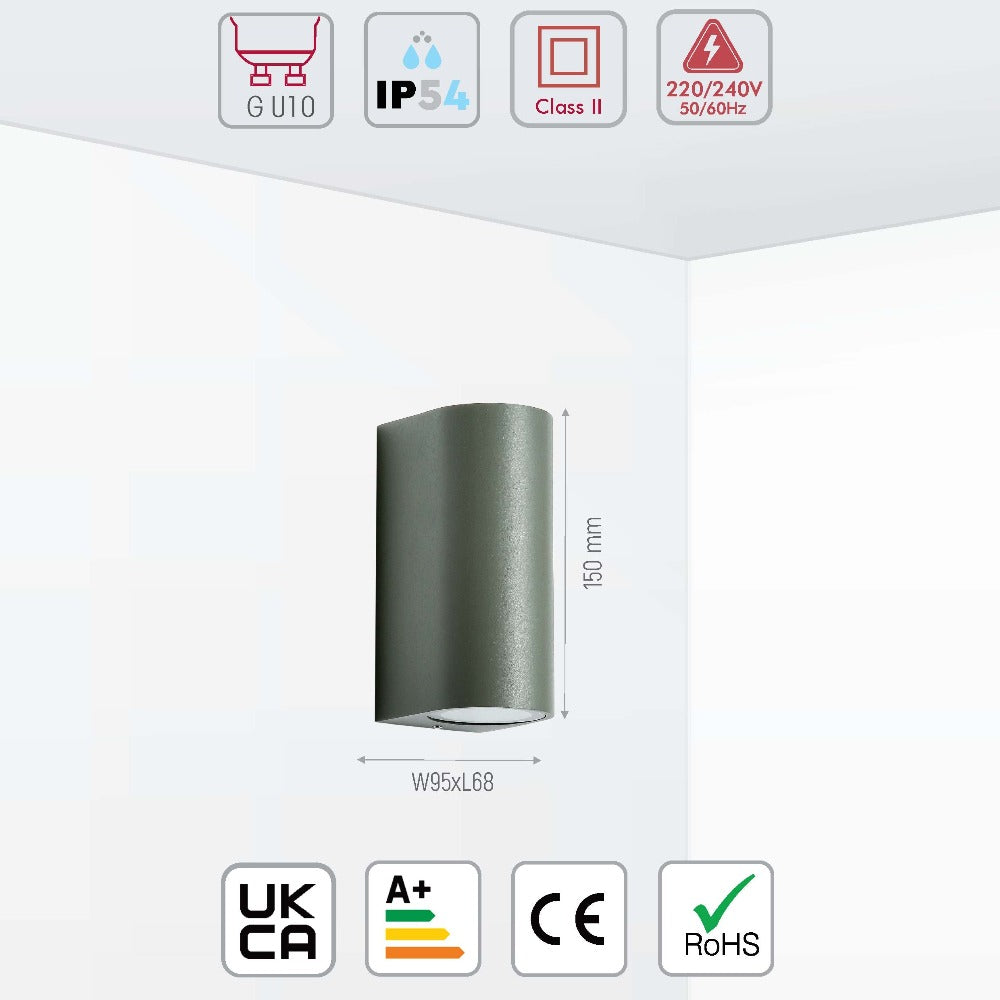Size and specs of Up-Down Wall Lamp IP54 Grey 2xGU10 Fitting | TEKLED 182-03348