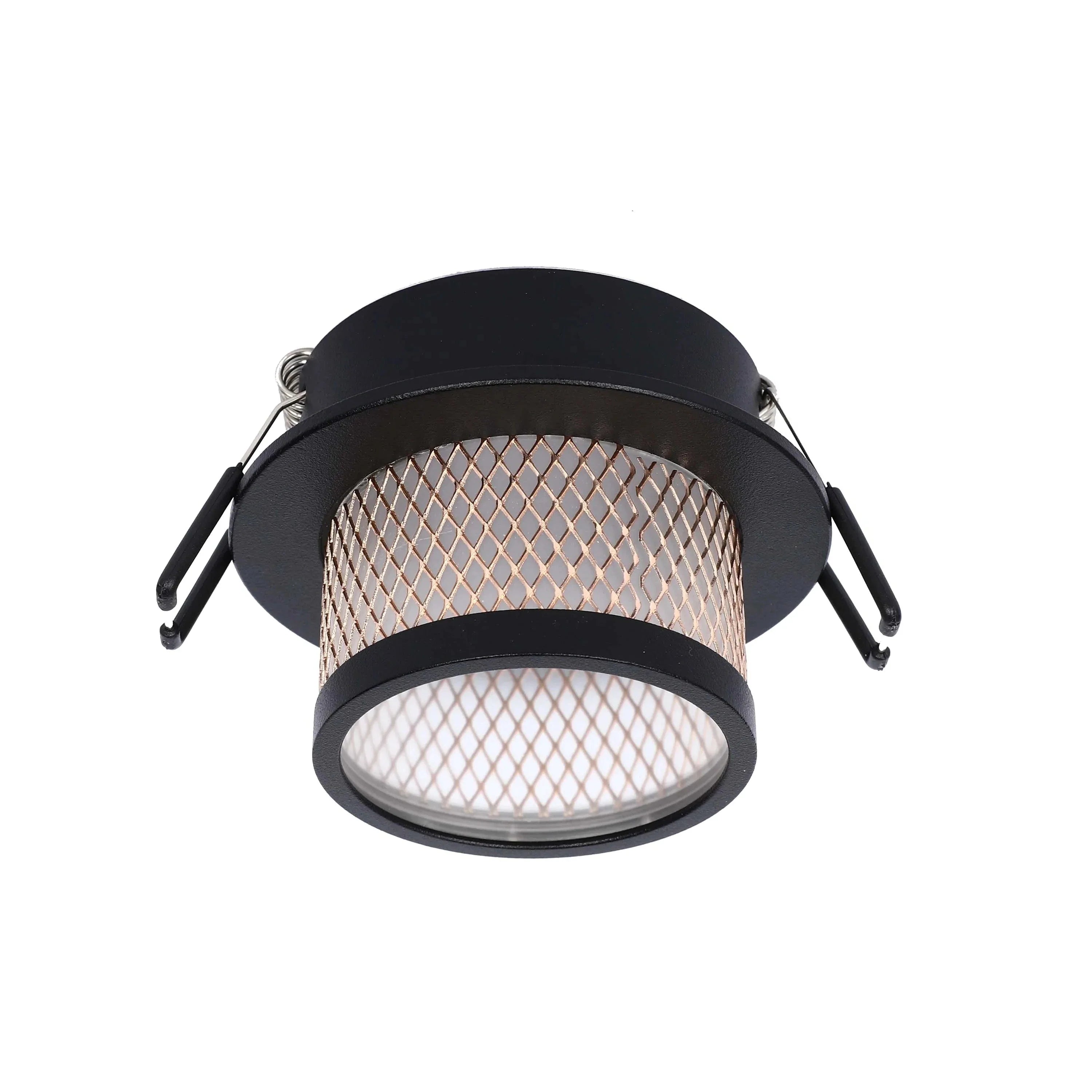 Stylish black recessed downlight with a decorative mesh cage, providing a blend of modern aesthetics and functional illumination.