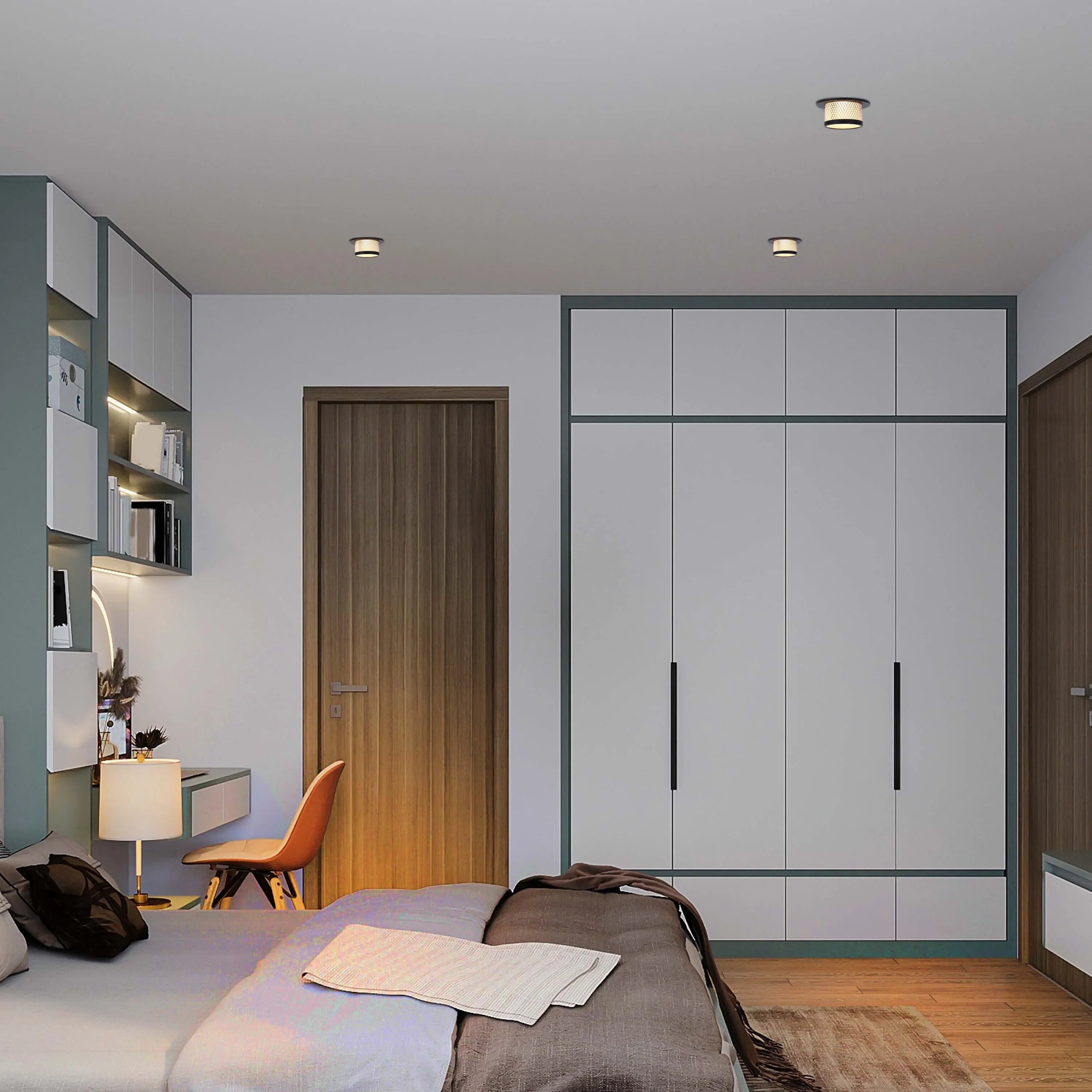 Bedroom with flush mount ceiling lights. Desk lamp provides warm lighting near the desk.