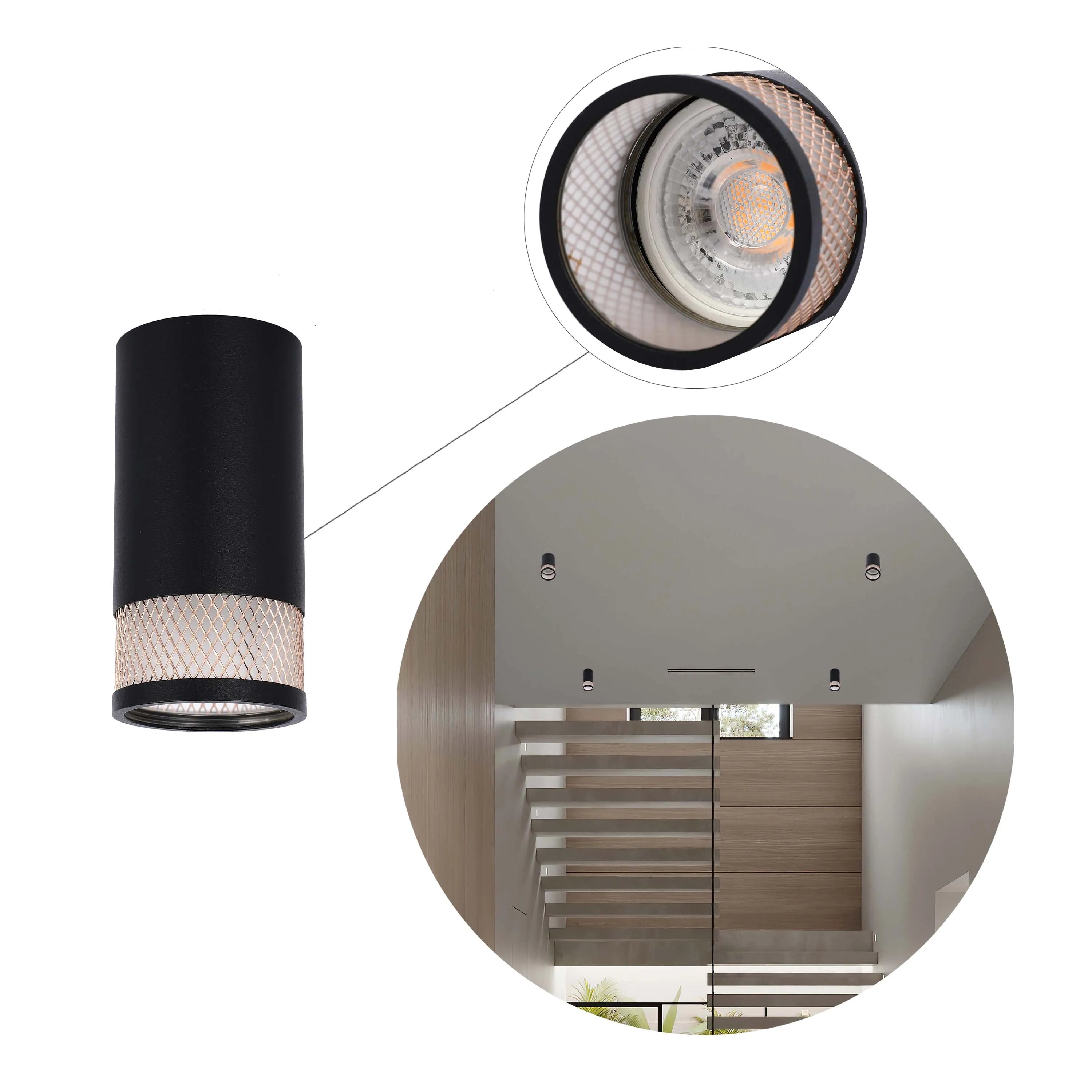 A spotlight with a black body and mesh detail, displayed in-situ to show its intended purpose.