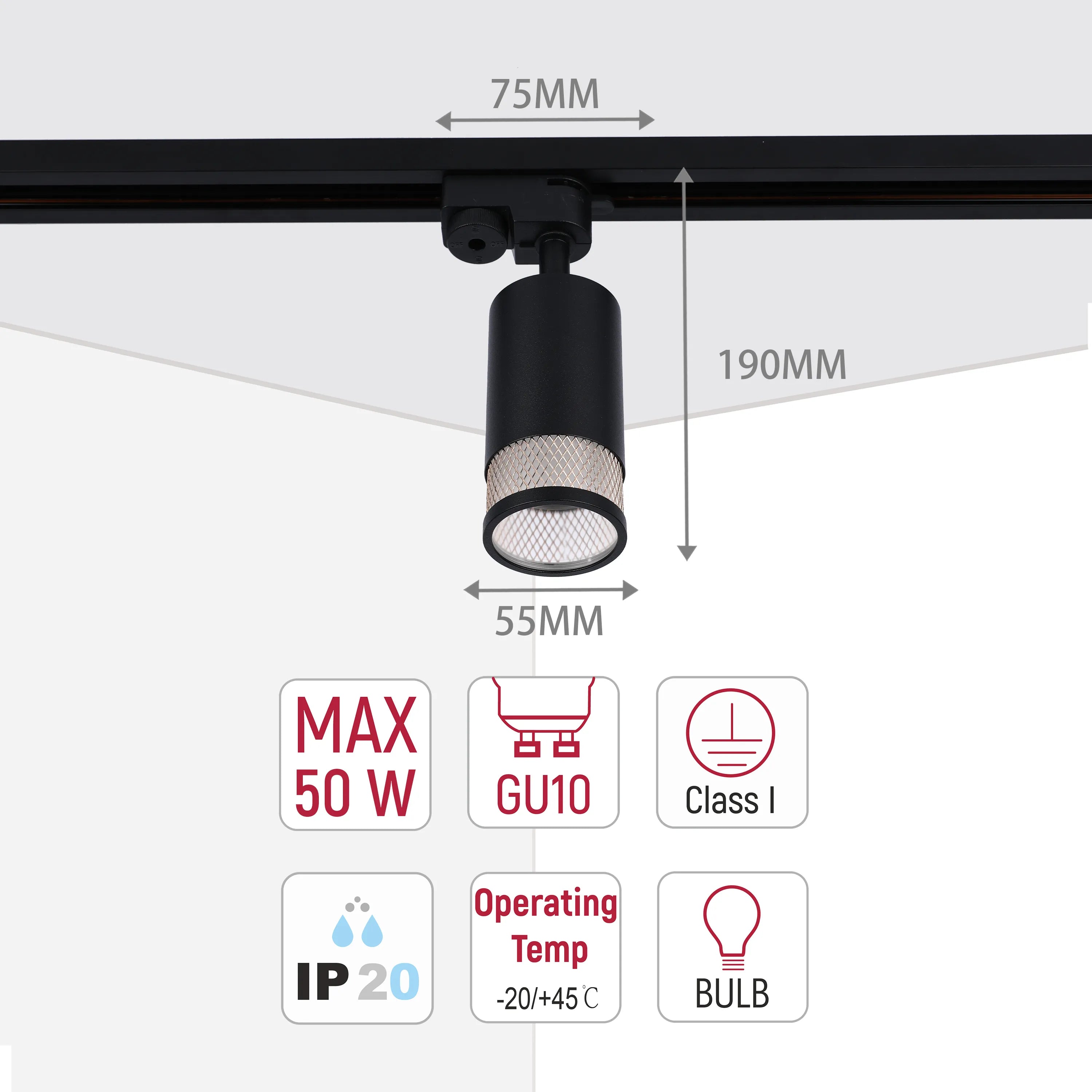 Sleek black track lighting dimensions with GU10 bulb, max 50W, Class I, IP20 and operating temp -20/+45 °C