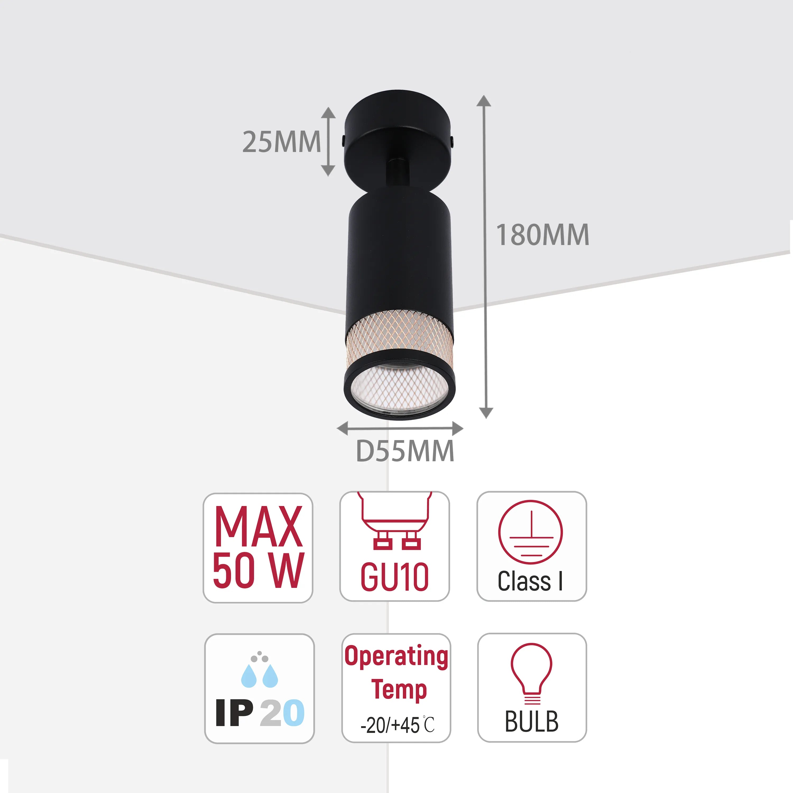 Sleek, black spotlight. Dimensions: 180mm height, 55mm diameter. Requires GU10 bulb, max 50W. IP20 rated.