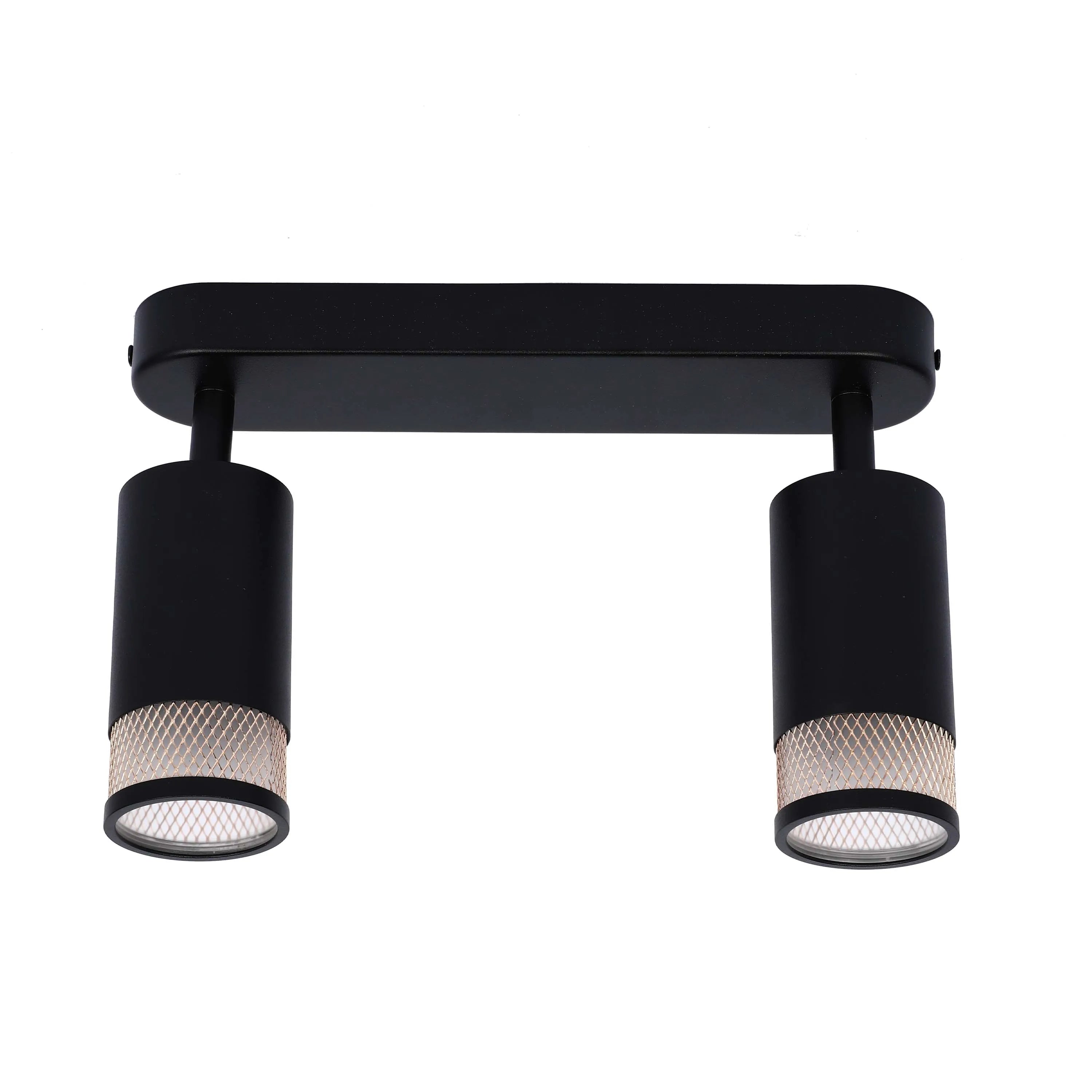 A modern, black ceiling light with two adjustable spotlights, perfect for adding focused light to any room.