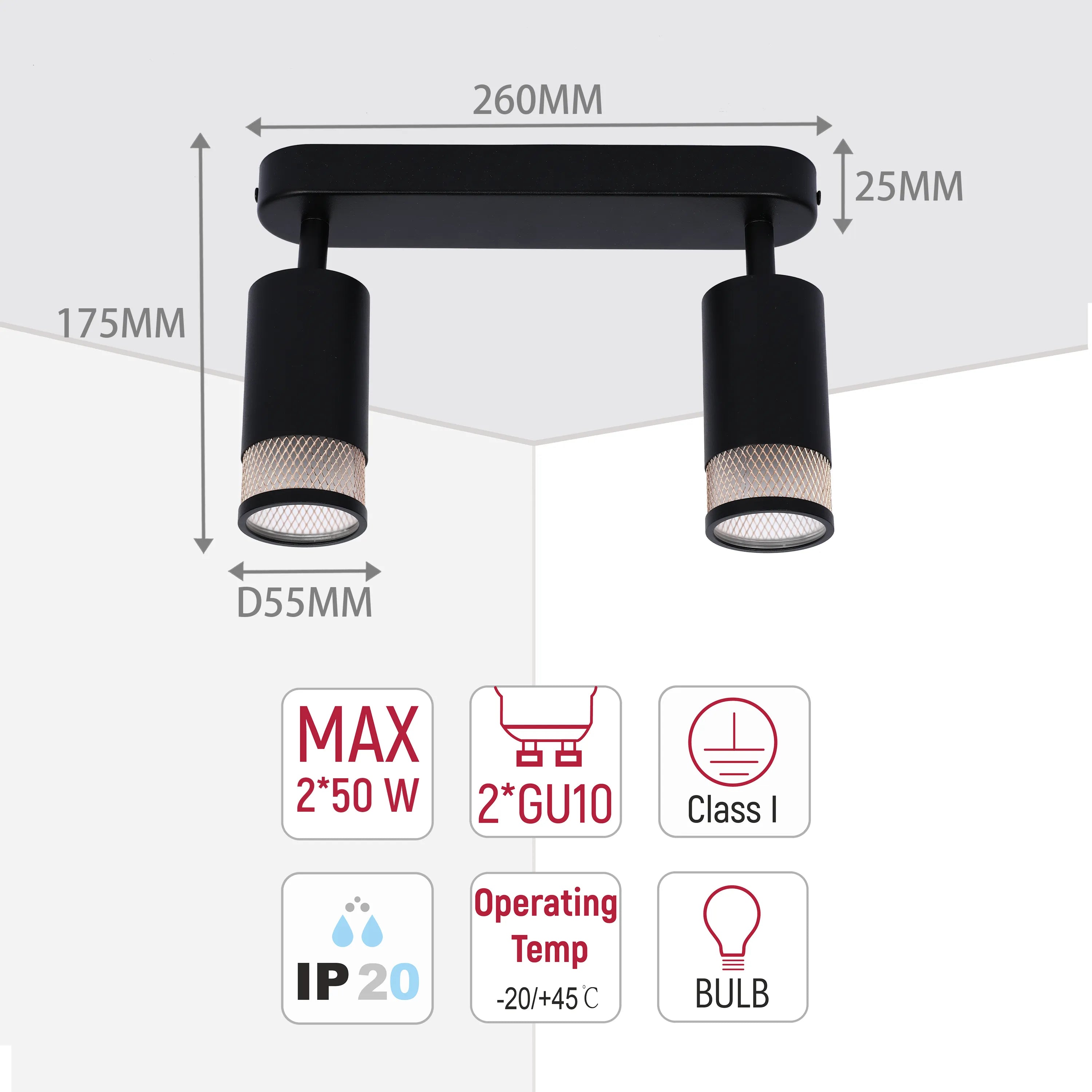 A black, two-bulb ceiling light, with dimensions and technical information showcased on a white background.