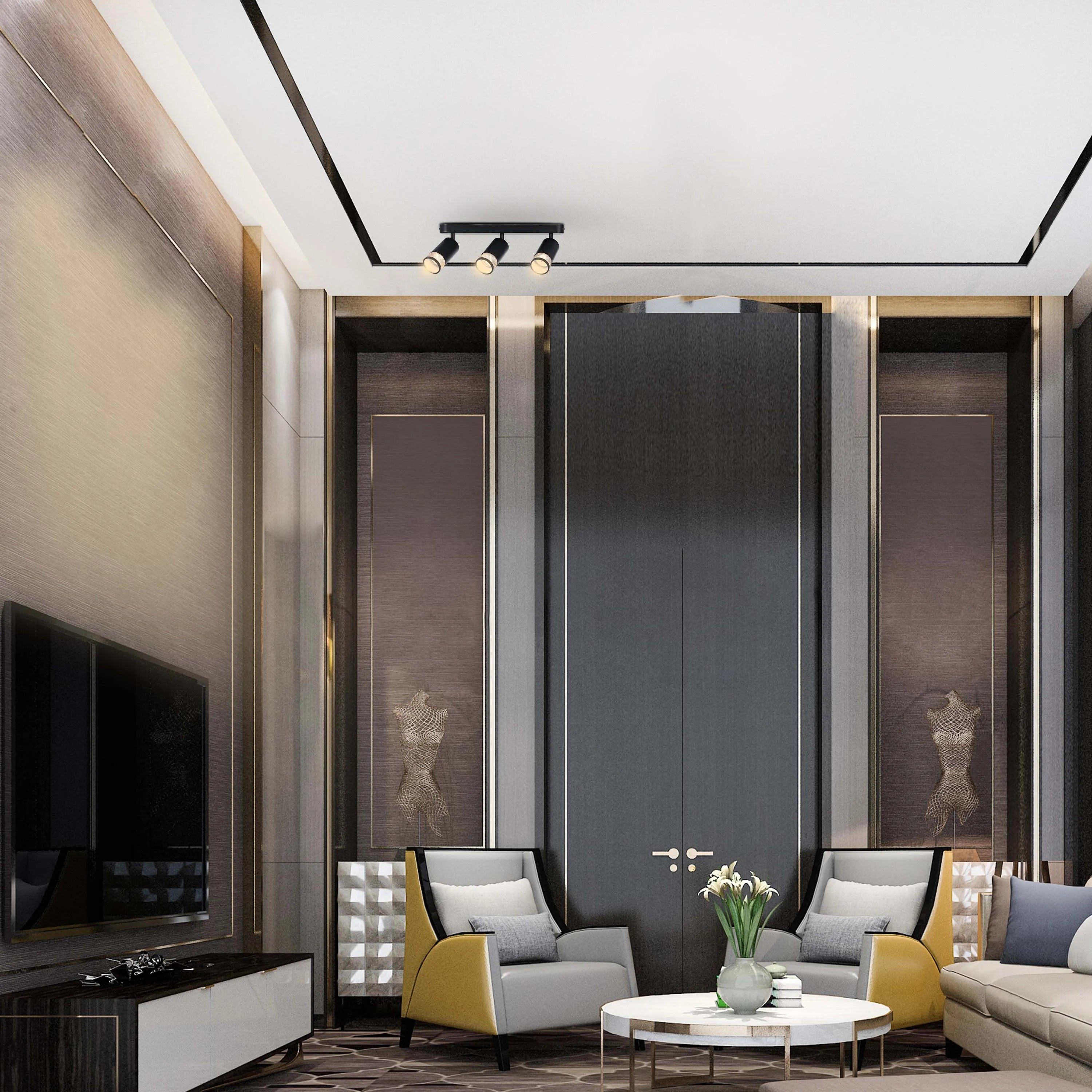 Modern lighting with track lights illuminating the room, enhancing the stylish interior design and creating a well-lit and inviting space.